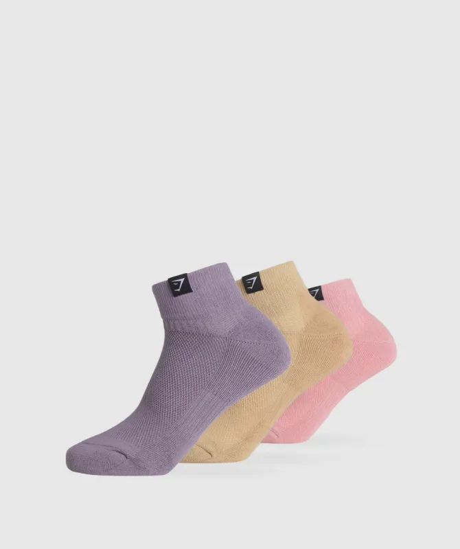 Gymshark Woven Tab Quarter Socks 3pk - Light Pink/Sand Beige/Fog Purple sold by Gymshark