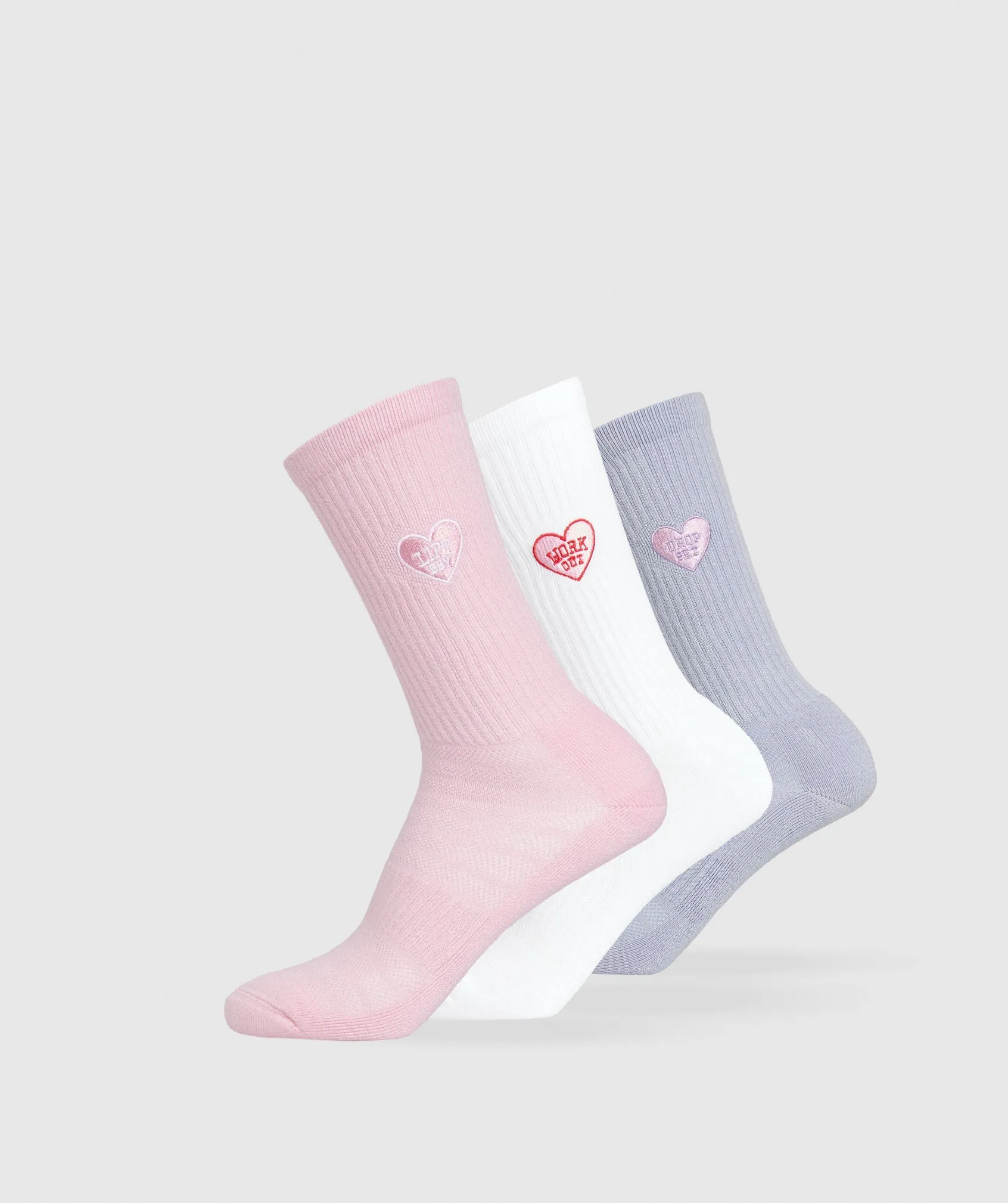 Gymshark GFX 3pk Crew Socks - White/Silver Lilac/Dolly Pink sold by Gymshark