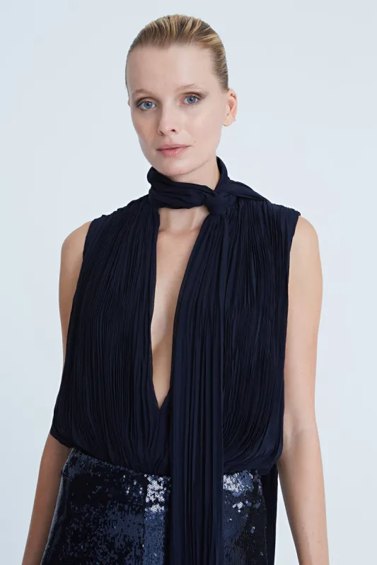 Carly Chiffon Pleated Bodysuit sold by H by Halston