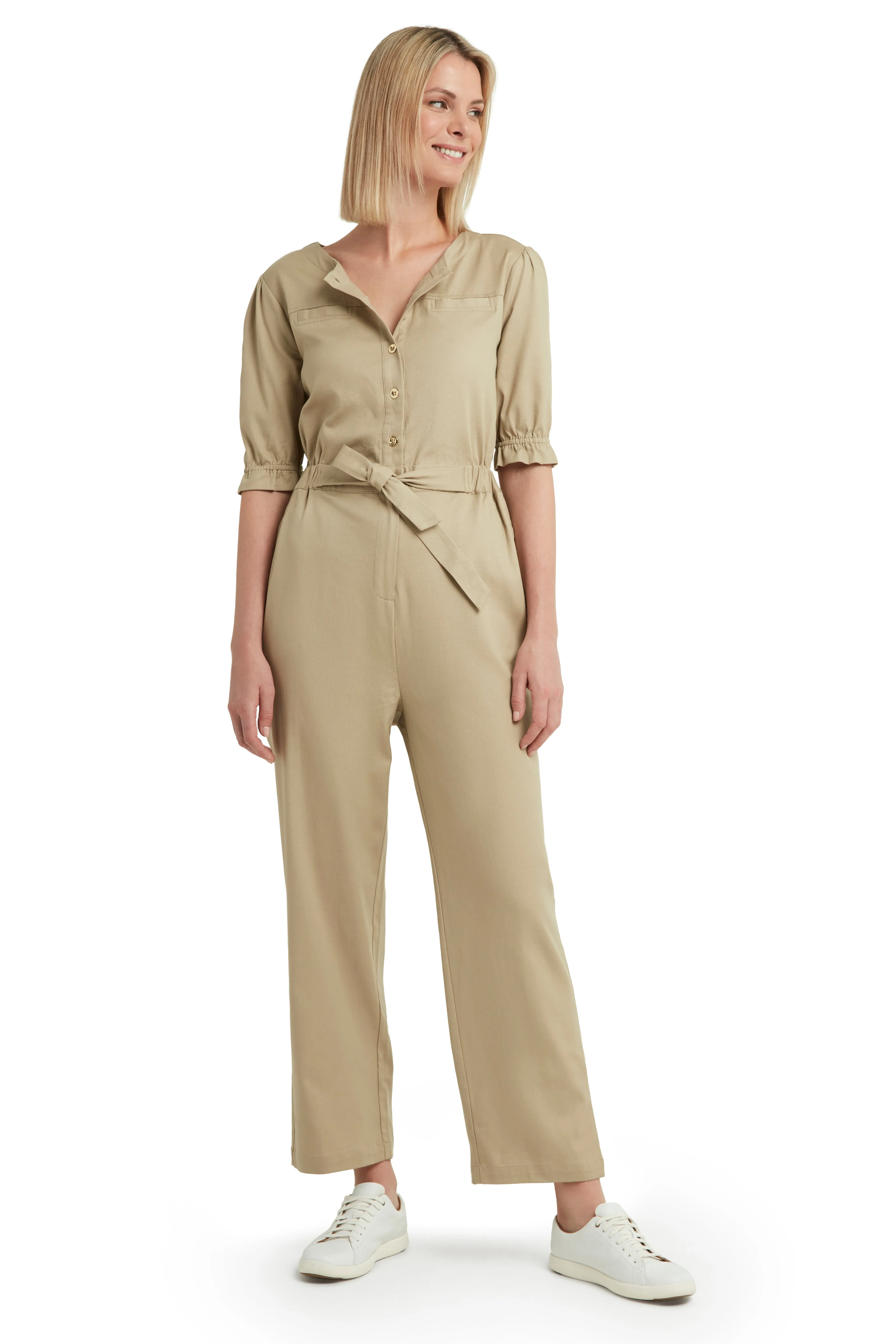 Belted Button Front Jumpsuit in Twill sold by H by Halston