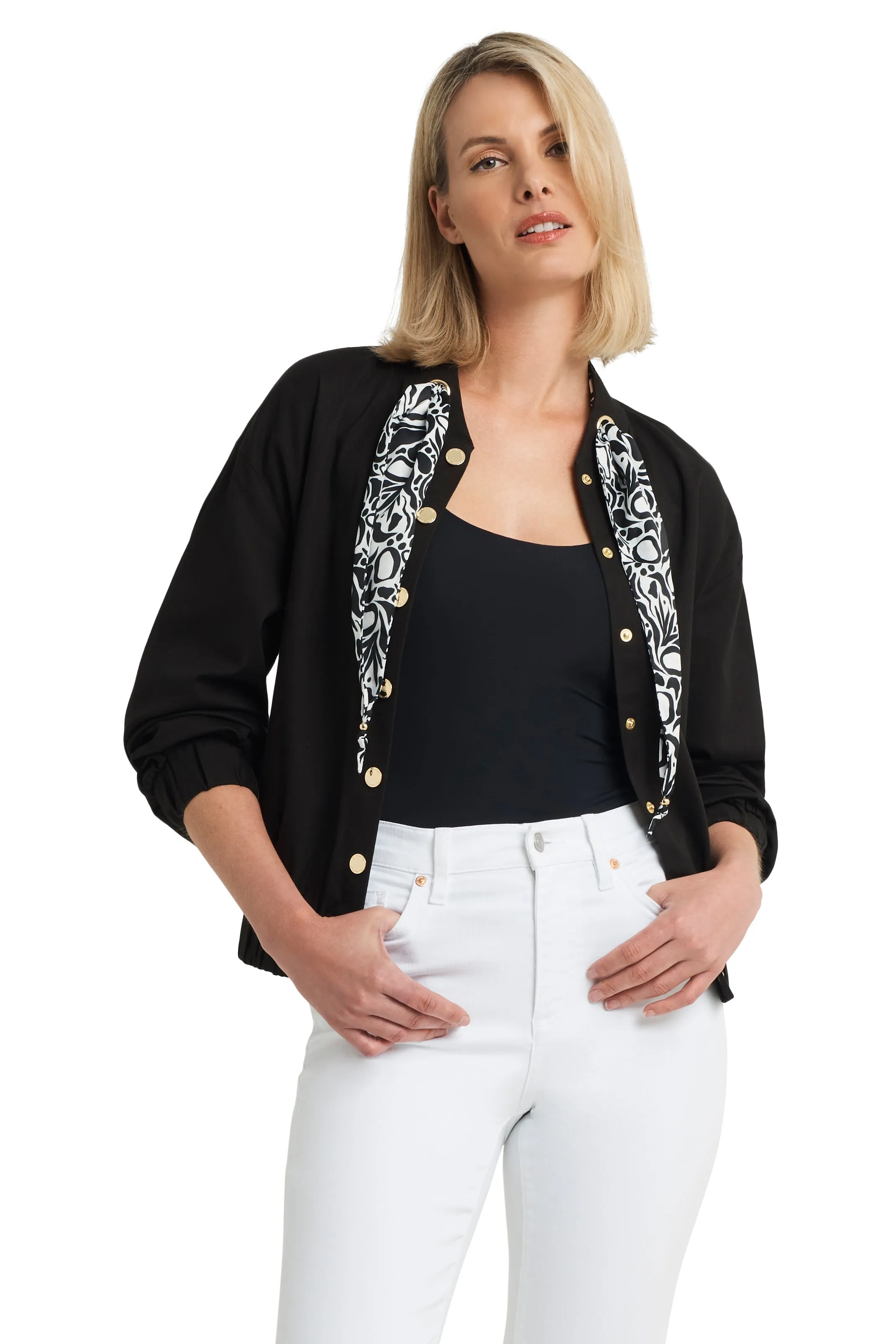 Printed Neck Scarf Bomber Jacket in Twill sold by H by Halston