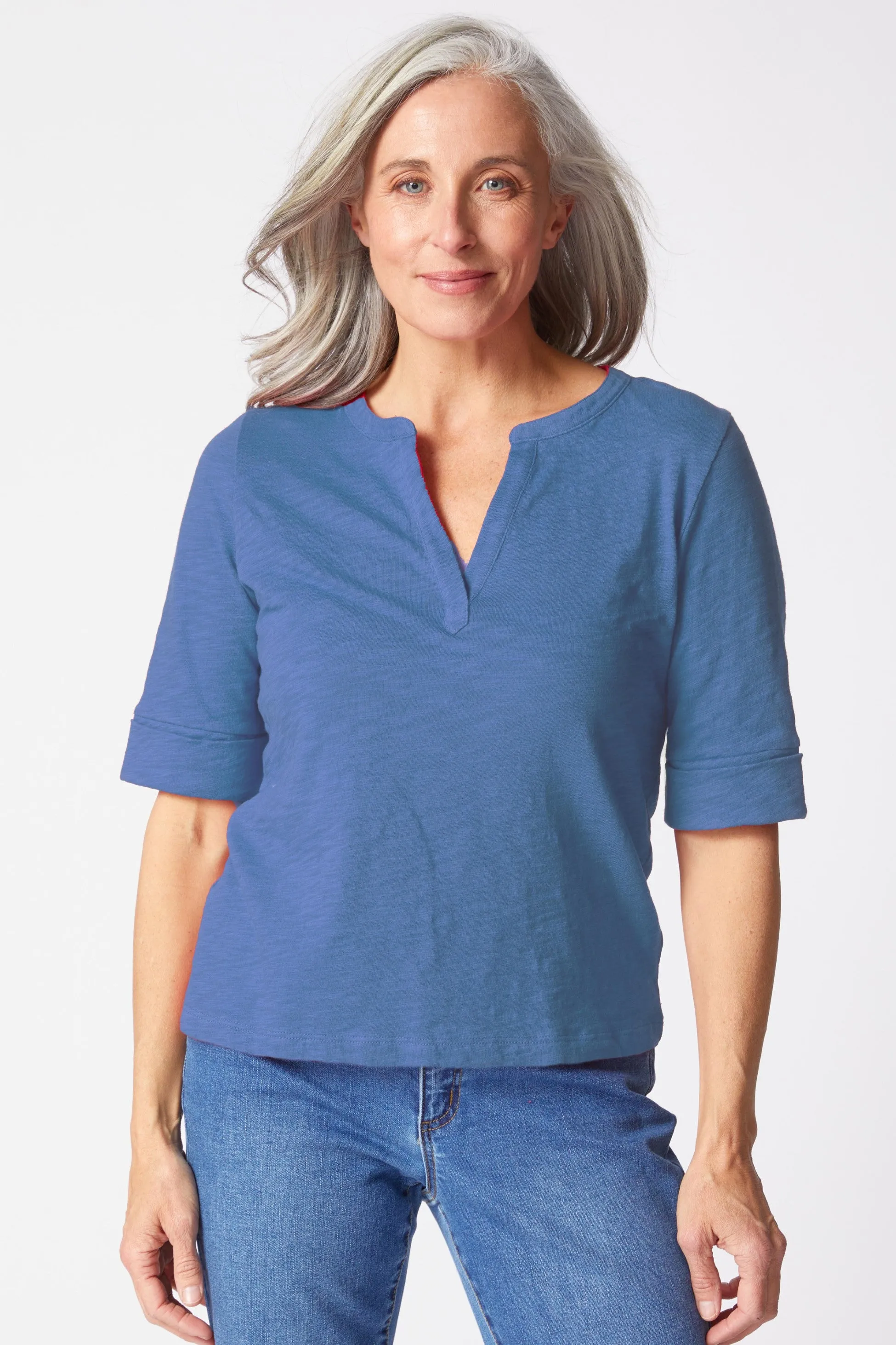 Peruvian Textured Cotton Split Collar Elbow Sleeve Tee sold by Habitat product image thumbnail 4