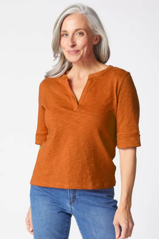 Peruvian Textured Cotton Split Collar Elbow Sleeve Tee sold by Habitat