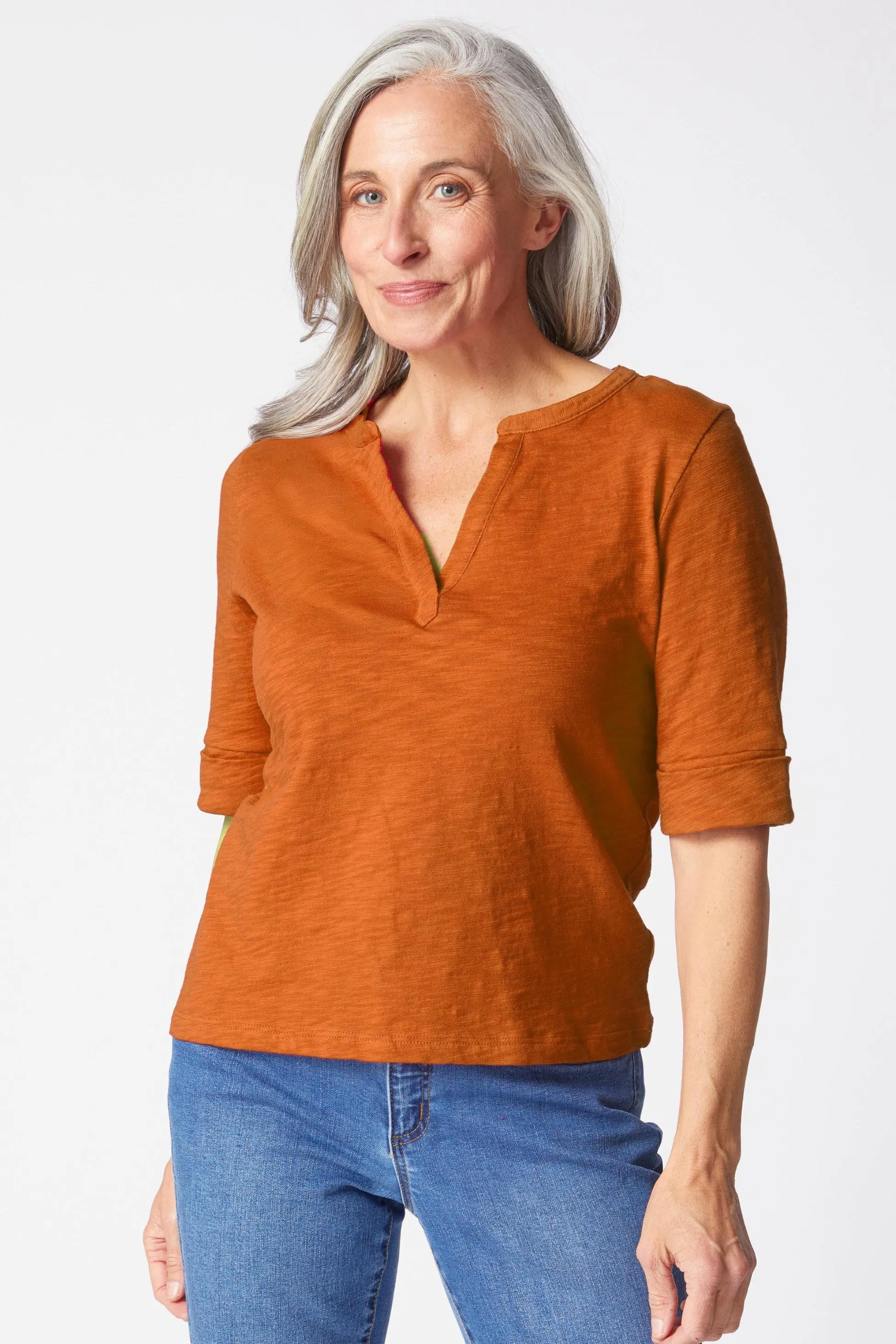 Peruvian Textured Cotton Split Collar Elbow Sleeve Tee sold by Habitat product image thumbnail 4