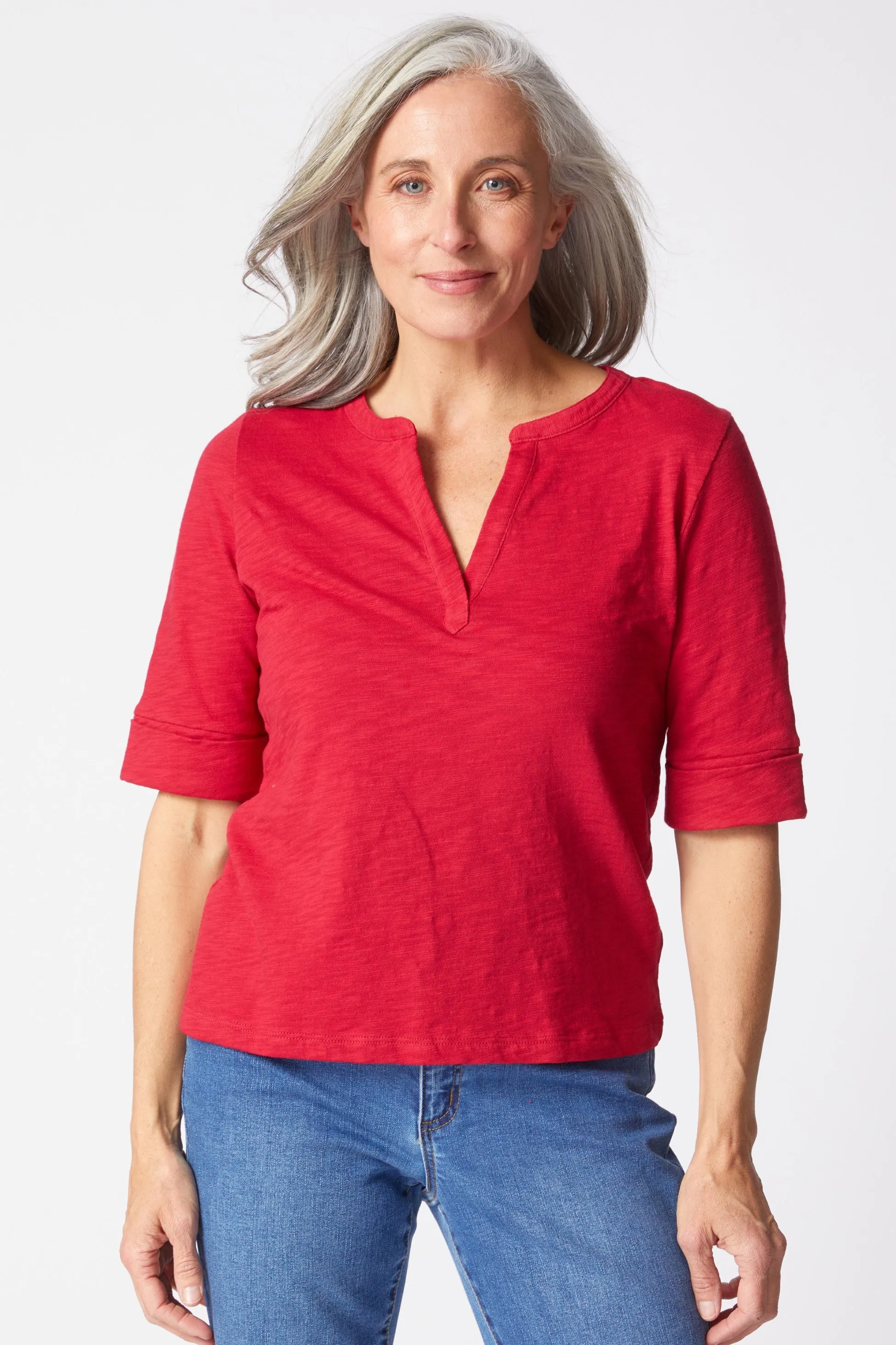 Peruvian Textured Cotton Split Collar Elbow Sleeve Tee sold by Habitat product image thumbnail 3