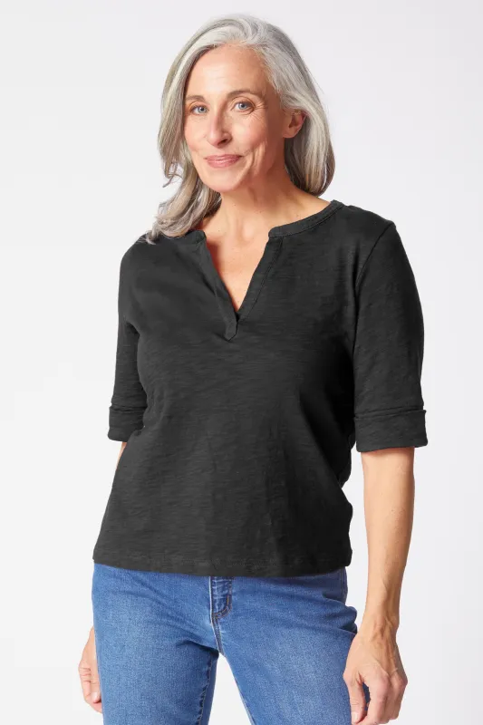 Peruvian Textured Cotton Split Collar Elbow Sleeve Tee sold by Habitat