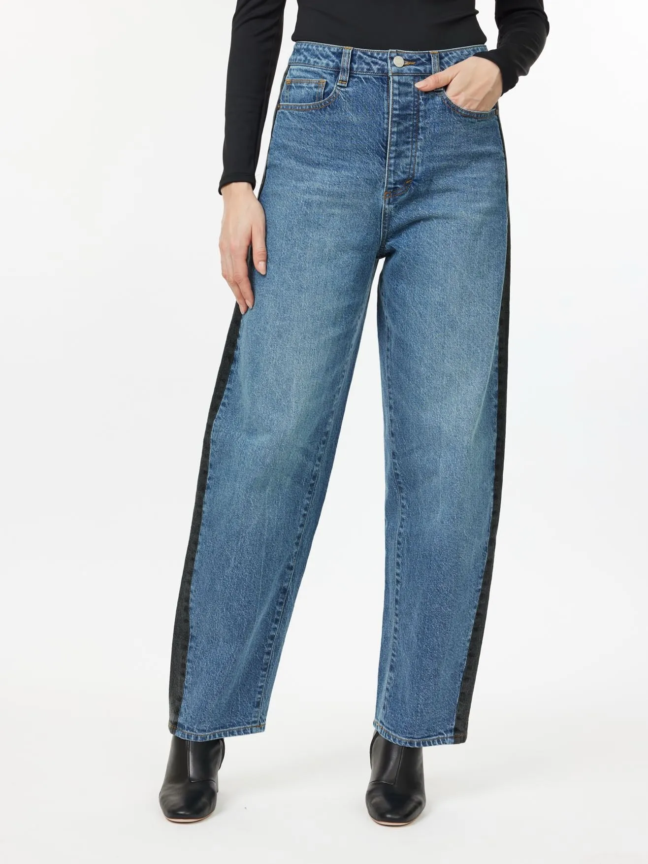 Two-Tone Ankle Barrel Jeans sold by Habitual