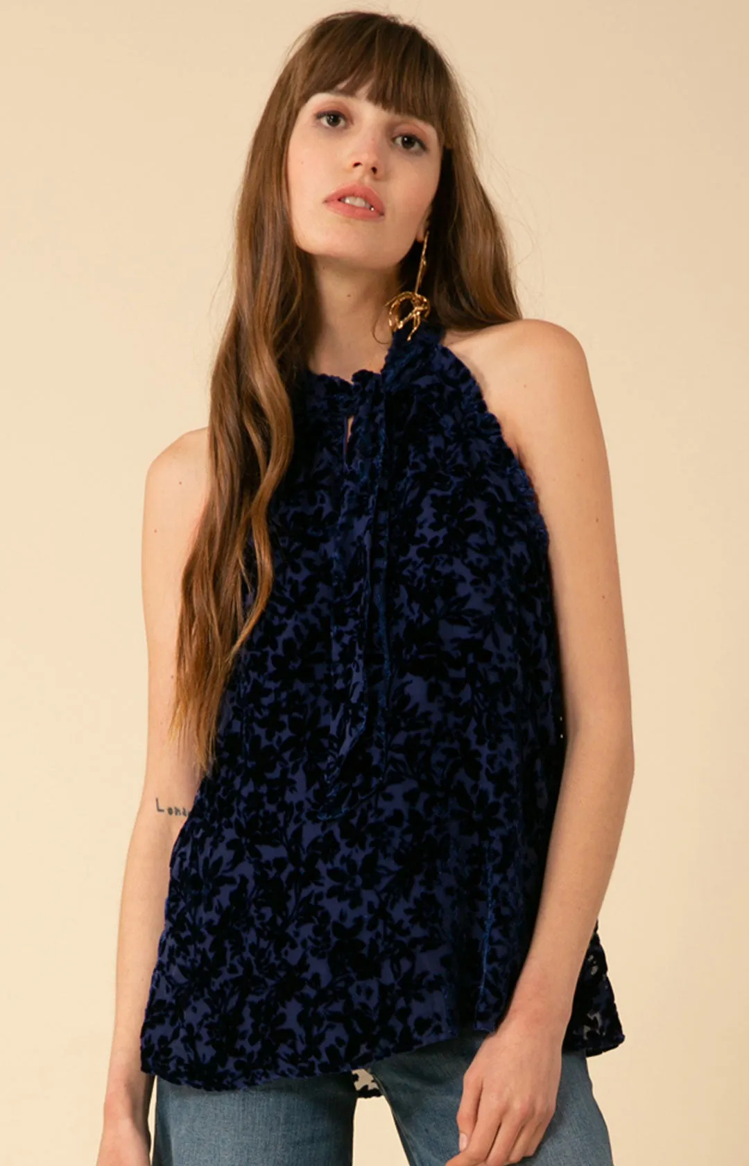 Thais Solid Halter Velvet Burnout Top sold by Hale Bob