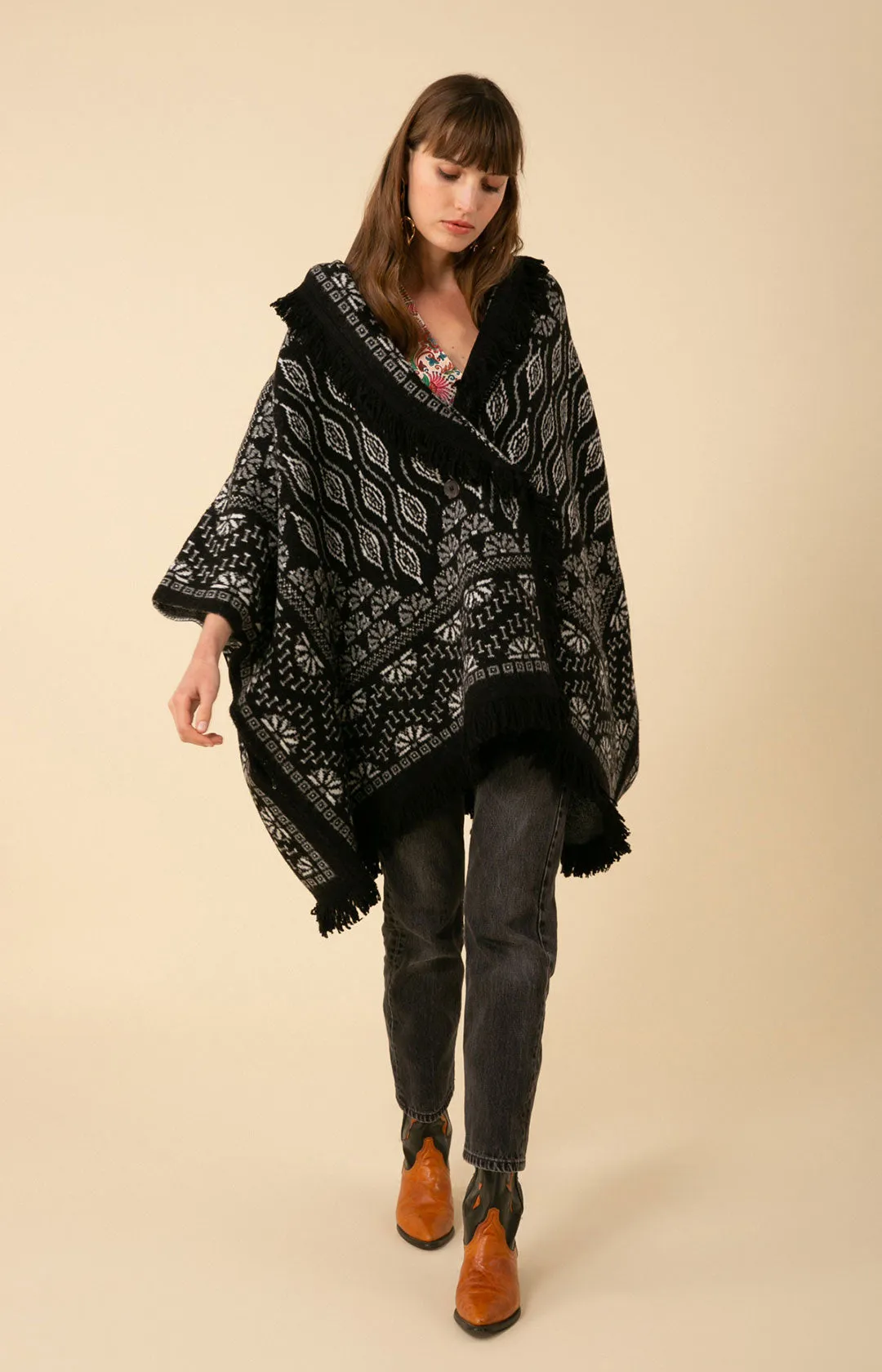 Maria Fringe Oversized Poncho Jacquard Sweater sold by Hale Bob product image thumbnail 4