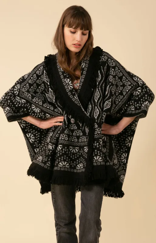 Maria Fringe Oversized Poncho Jacquard Sweater sold by Hale Bob