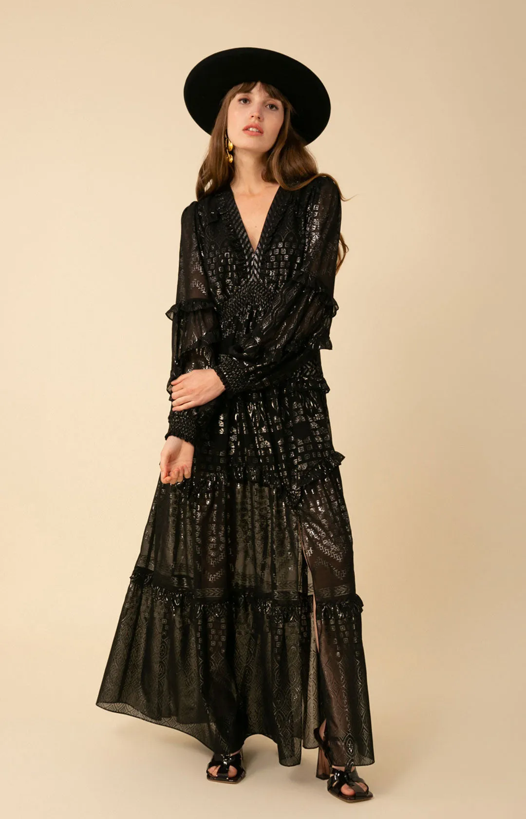 Mathilde Foiled Tiered Maxi Dress sold by Hale Bob