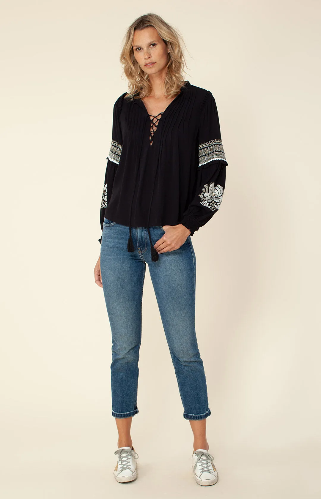Reign Embroidered Lace-up Top sold by Hale Bob