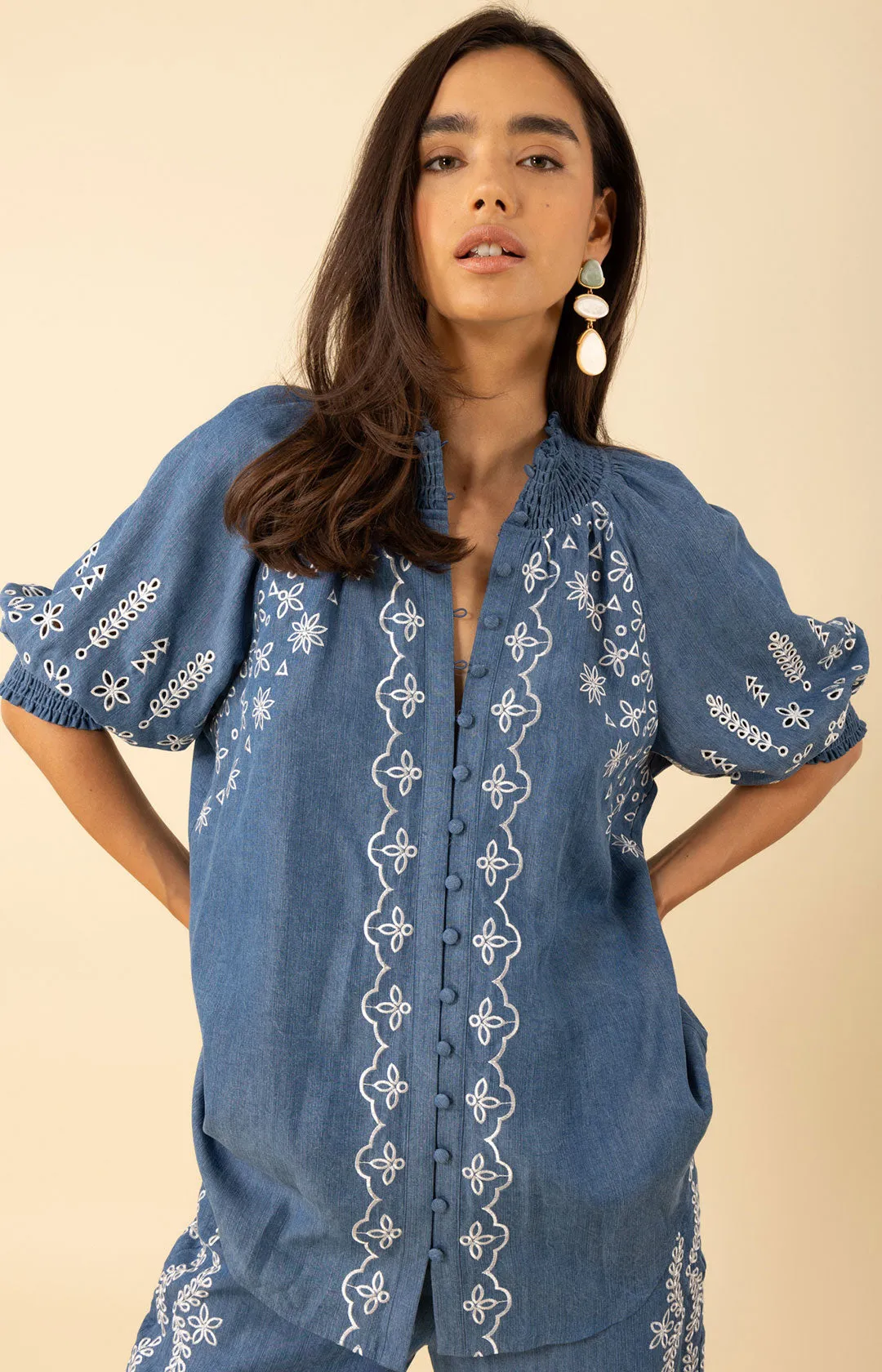 Fallon Embroidered Chambray Top sold by Hale Bob