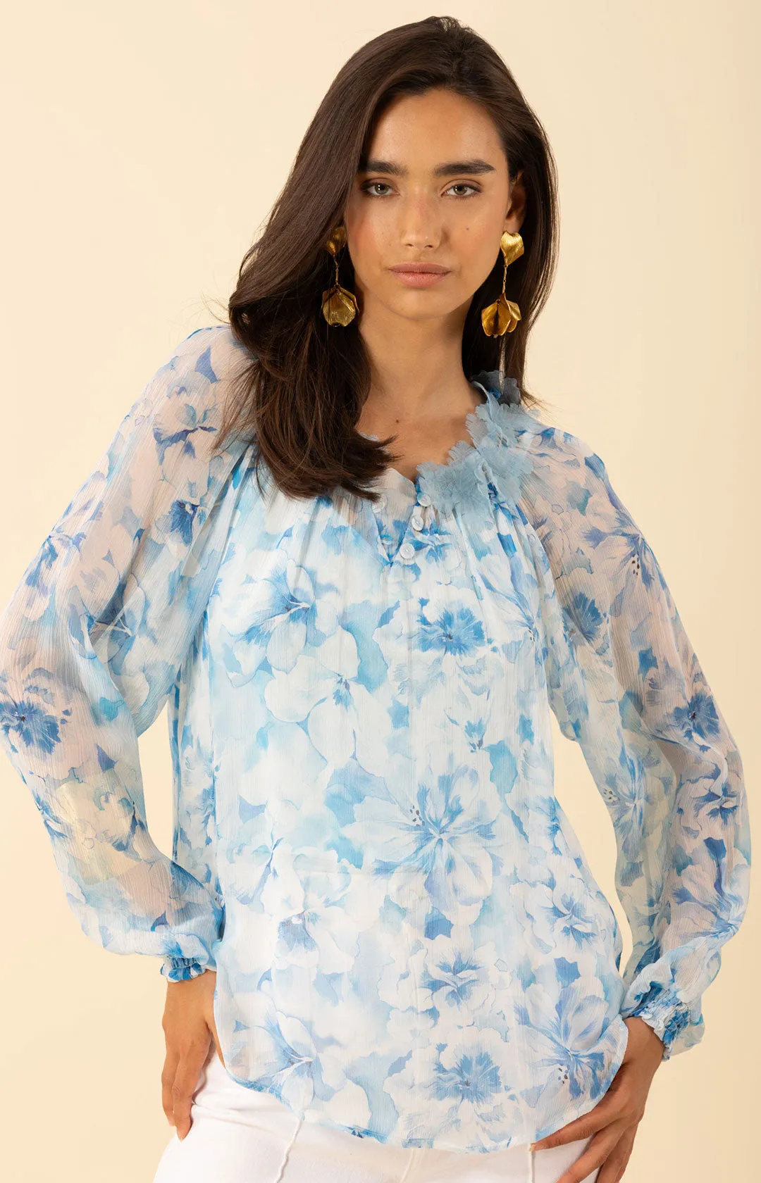 Jolie Floral Trim Silk Top sold by Hale Bob