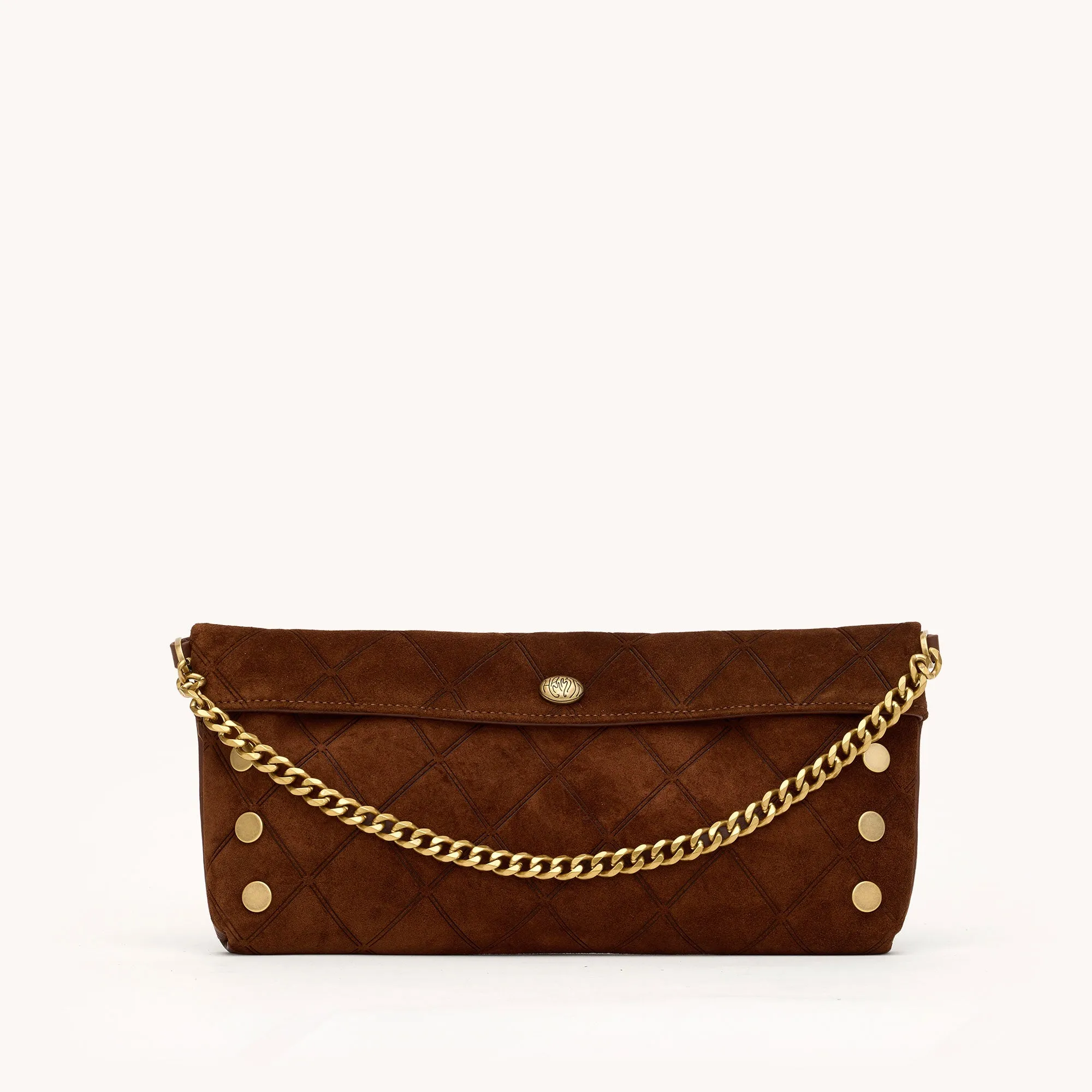 Invitation Clutch | Chocolate Diamond Suede/Antique Gold sold by Hammitt