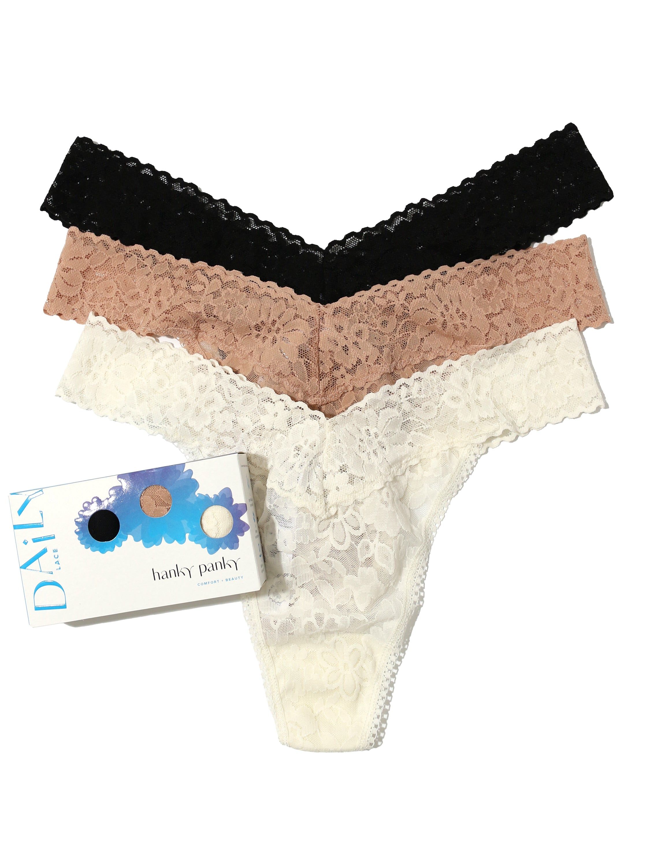 Daily Lace™ Original Rise Thong 3 Pack Exclusive sold by Hanky Panky