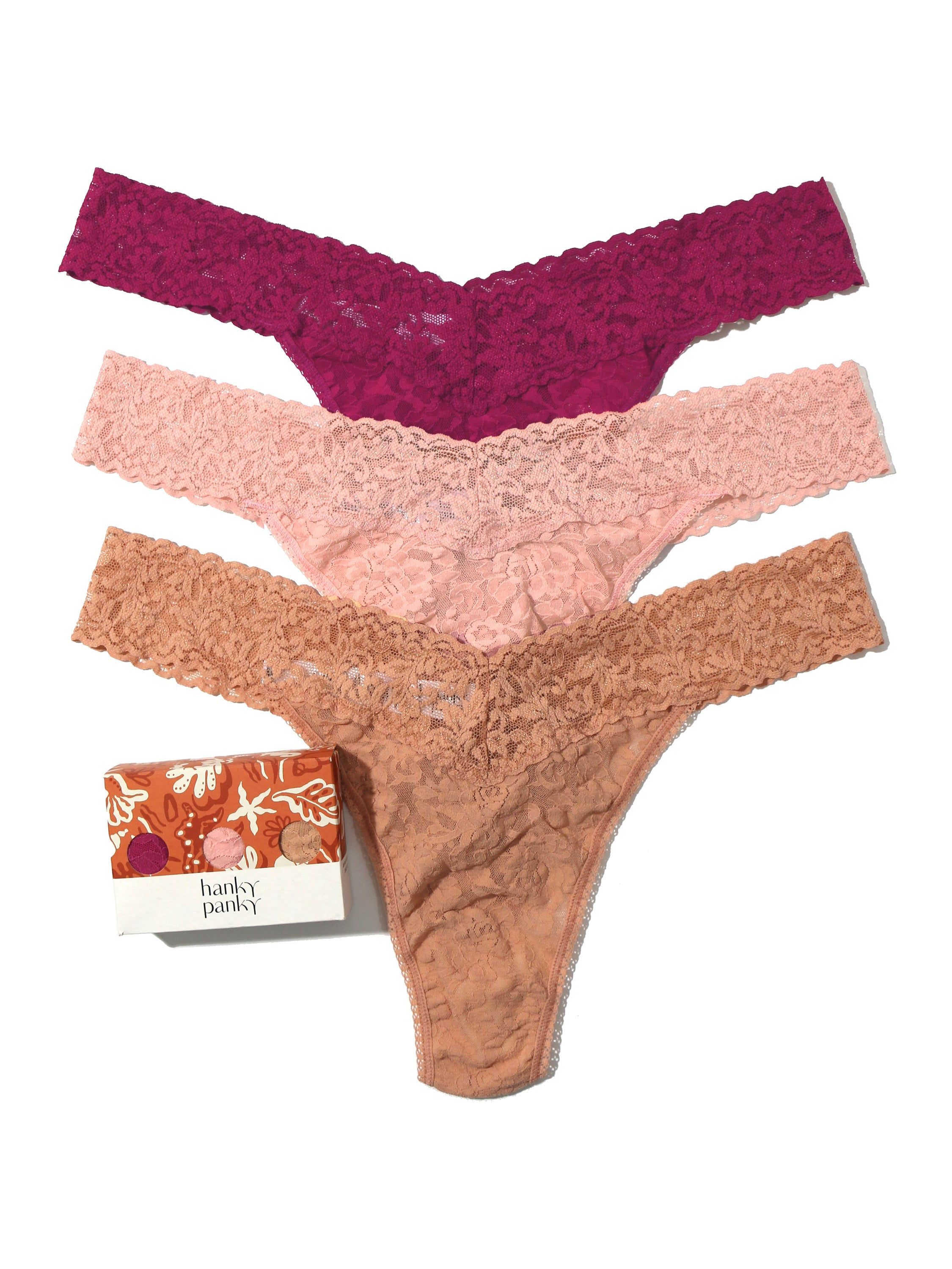 3 Pack Plus Size Signature Lace Original Rise Thongs in Printed Box sold by Hanky Panky