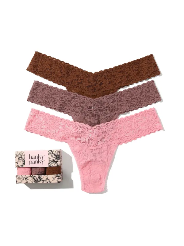 3 Pack Signature Lace Low Rise Thongs In Printed Box Pink Lady Sale sold by Hanky Panky