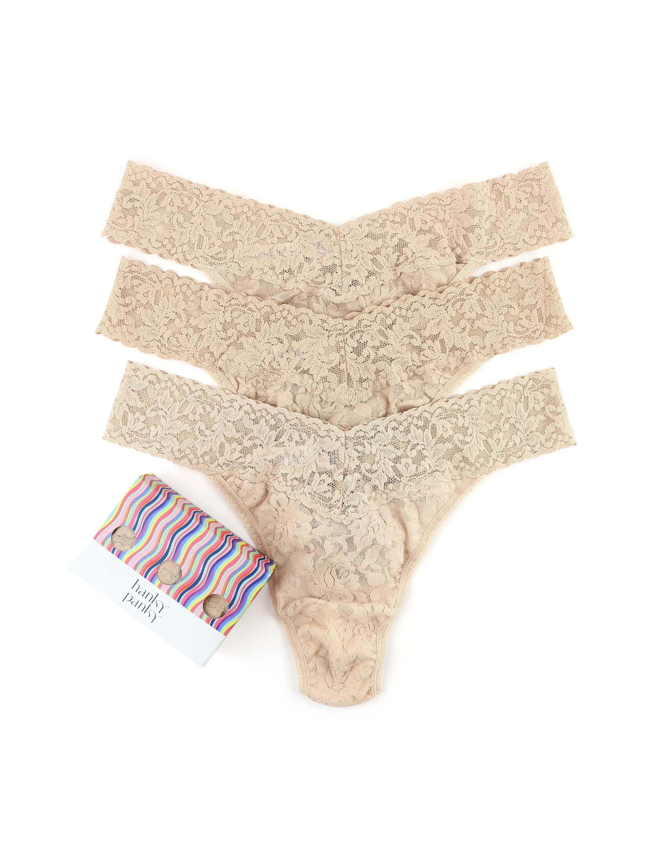 3 Pack Signature Lace® Original Rise Thongs Chai sold by Hanky Panky