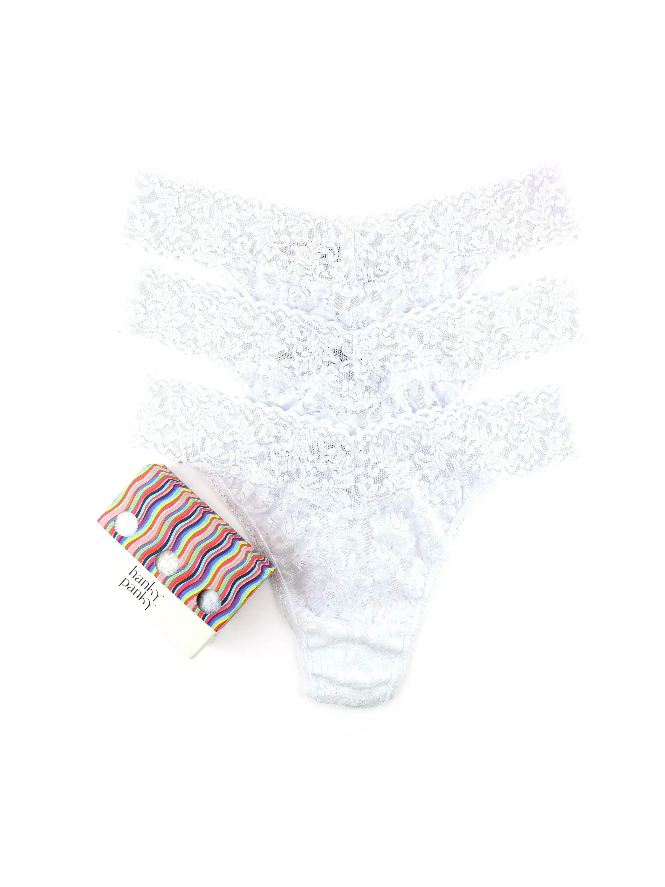 3 Pack Signature Lace® Original Rise Thongs White sold by Hanky Panky