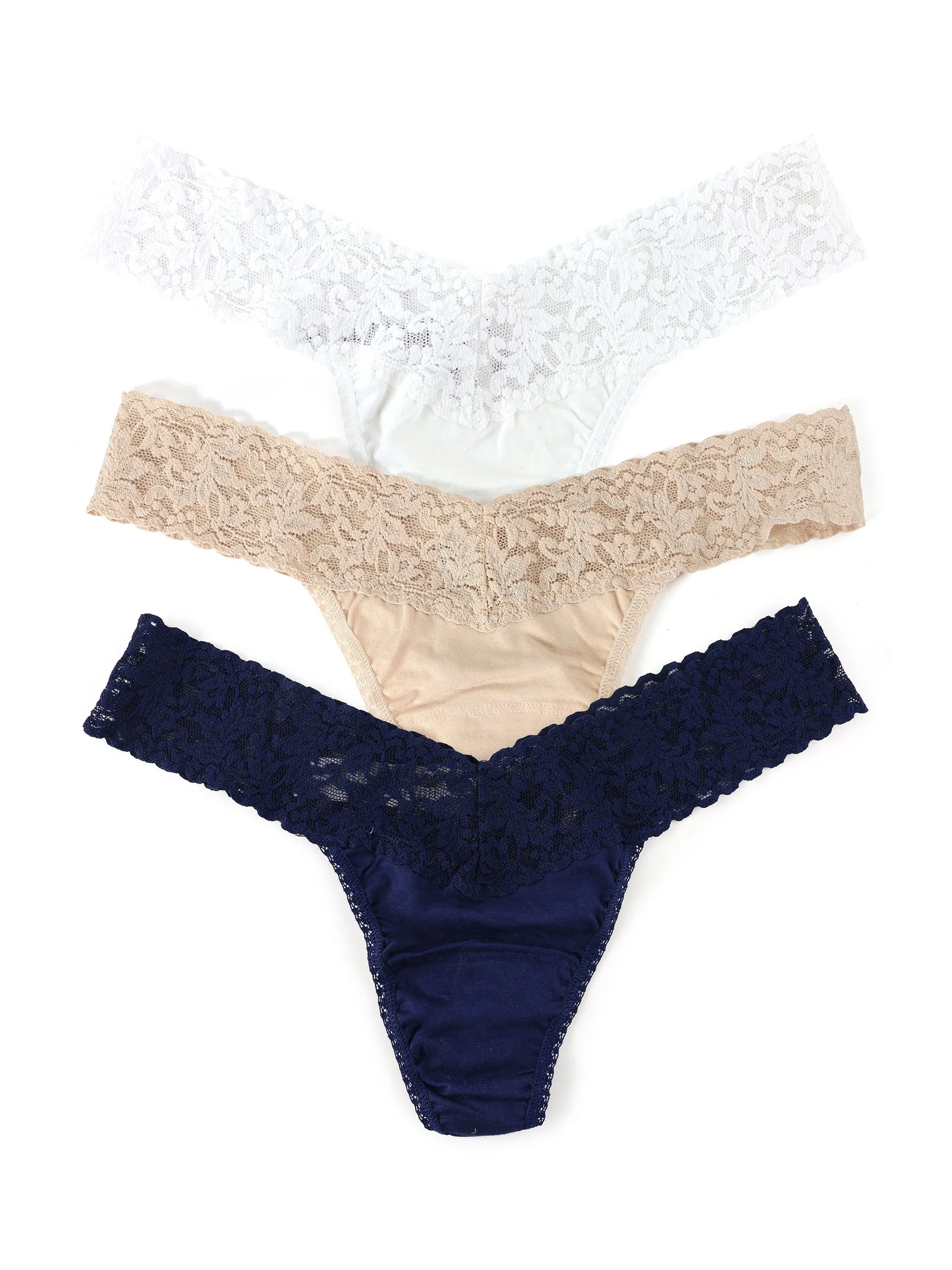3 Pack Supima® Cotton Low Rise Thongs with Lace White/Chai/Navy sold by Hanky Panky