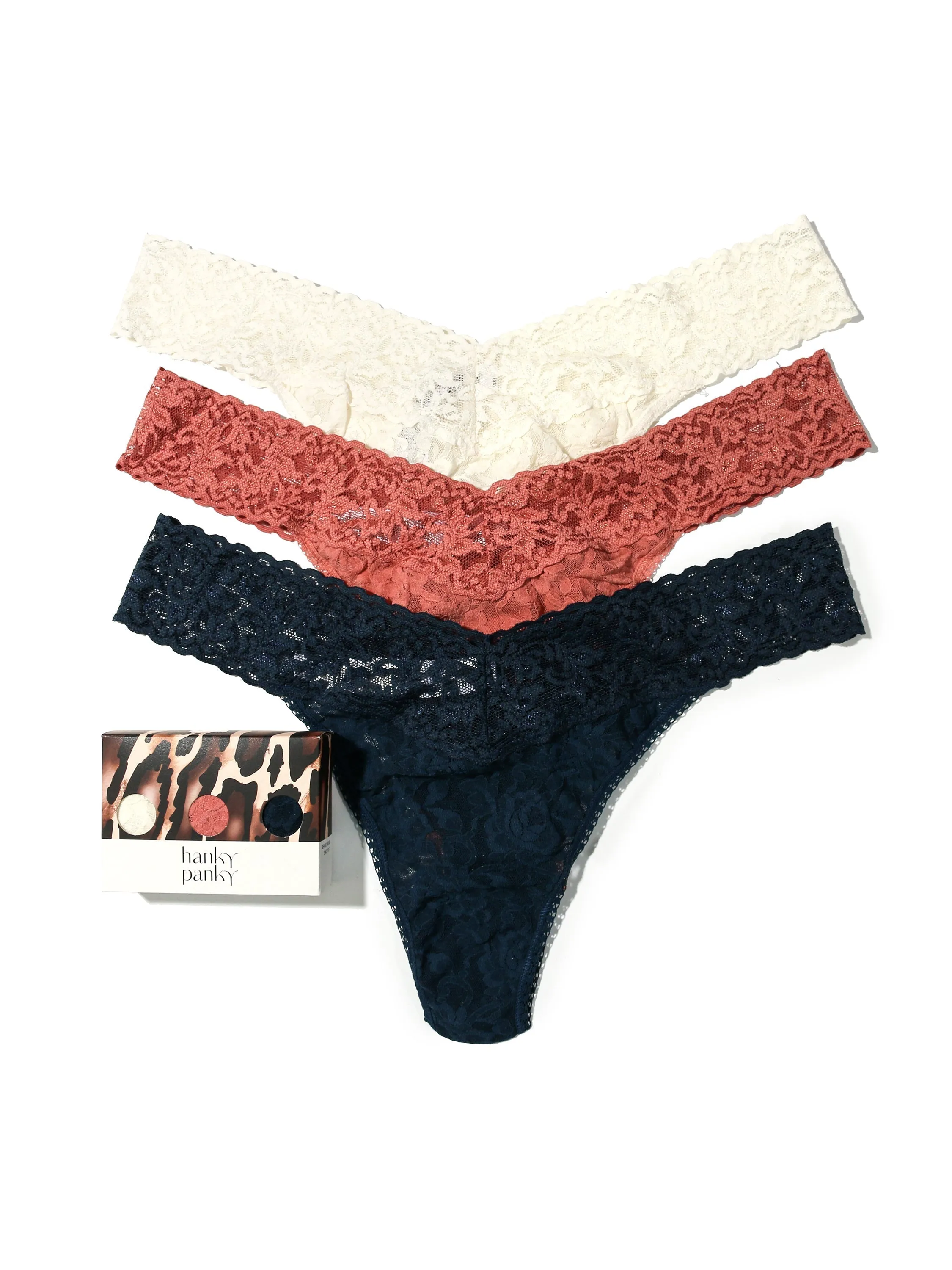 3 Pack Plus Size Signature Lace Original Rise Thongs in Printed Box sold by Hanky Panky