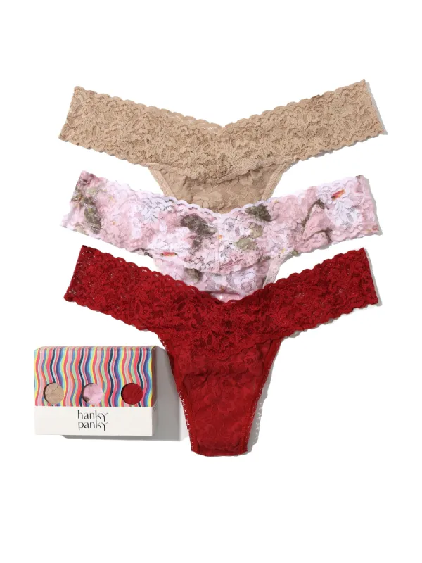 3 Pack Petite Size Signature Lace Low Rise Thongs Antique Lily sold by Hanky Panky