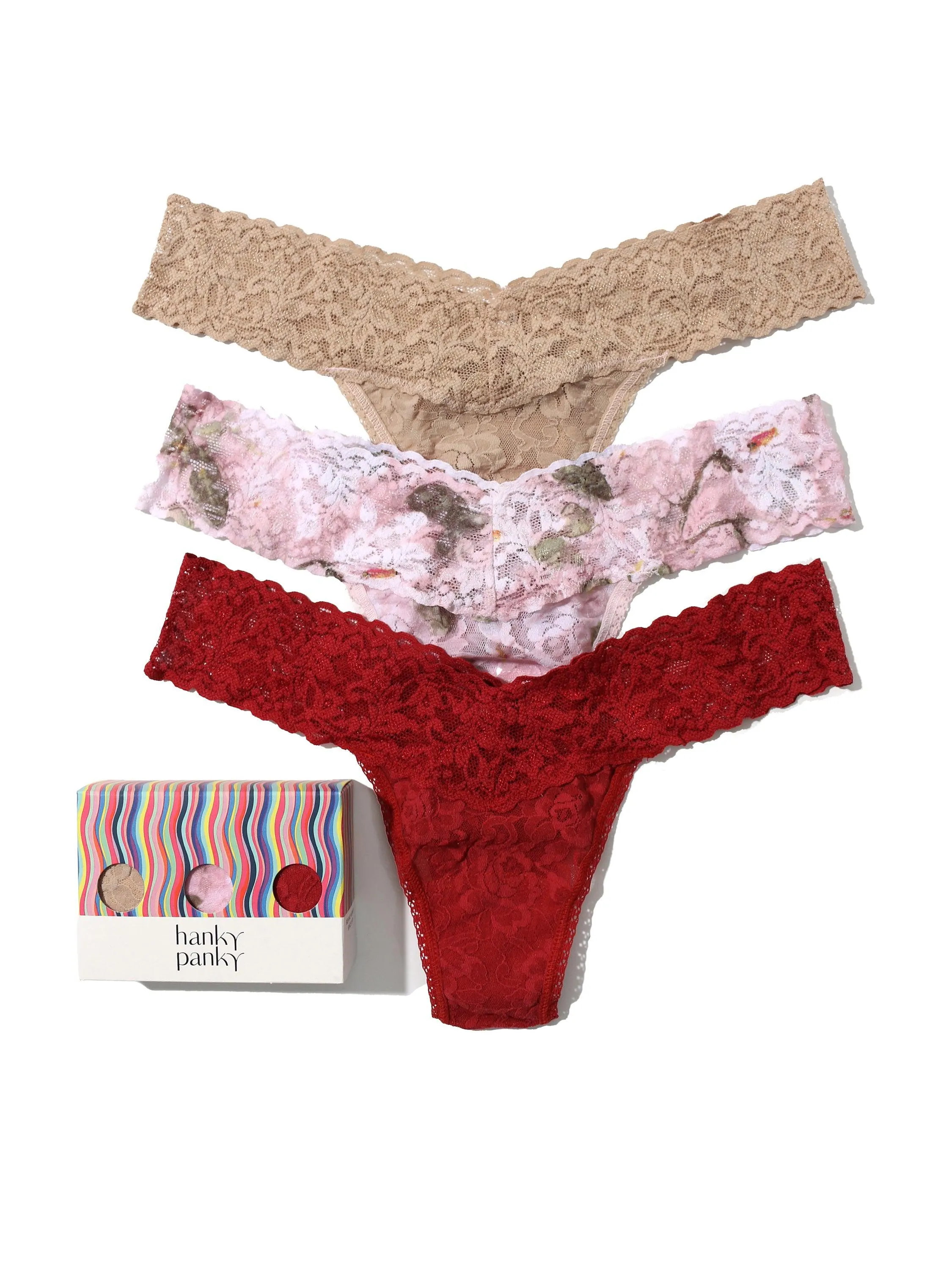 3 Pack Petite Size Signature Lace Low Rise Thongs Antique Lily sold by Hanky Panky