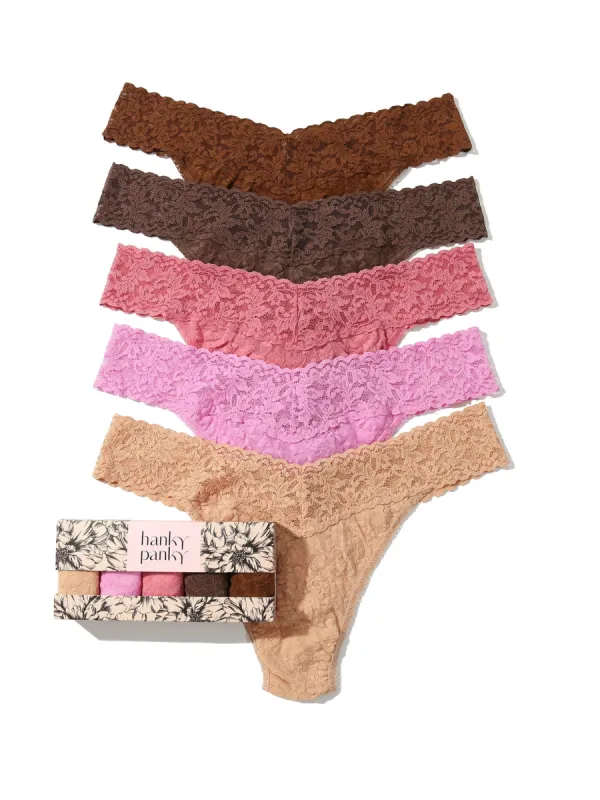 5 Pack Signature Lace Original Rise Thongs In Printed Box Macchiato Sale sold by Hanky Panky