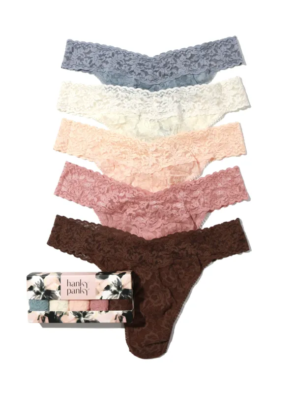 5 Pack Signature Lace Original Rise Thongs In Printed Box sold by Hanky Panky