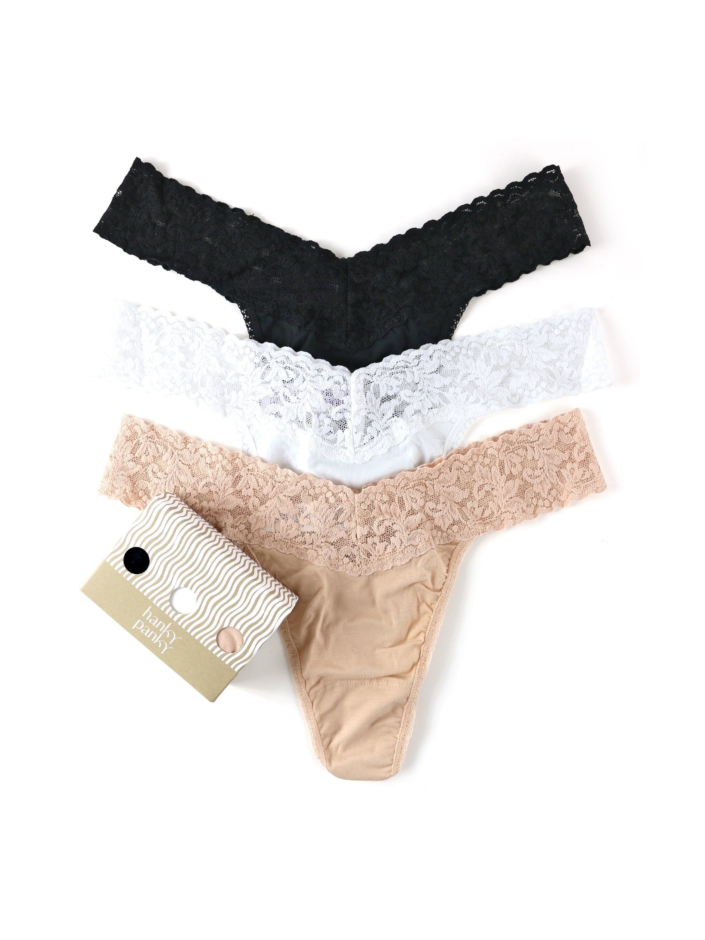 3 Pack Supima® Cotton Original Rise Thongs with Lace sold by Hanky Panky