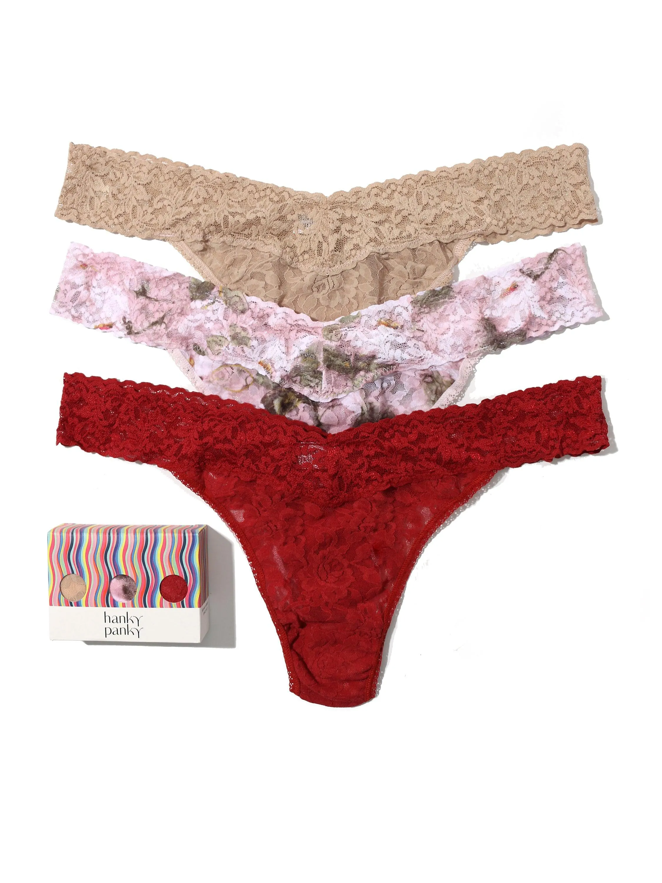 3 Pack Plus Size Signature Lace Original Rise Thongs Antique Lily sold by Hanky Panky
