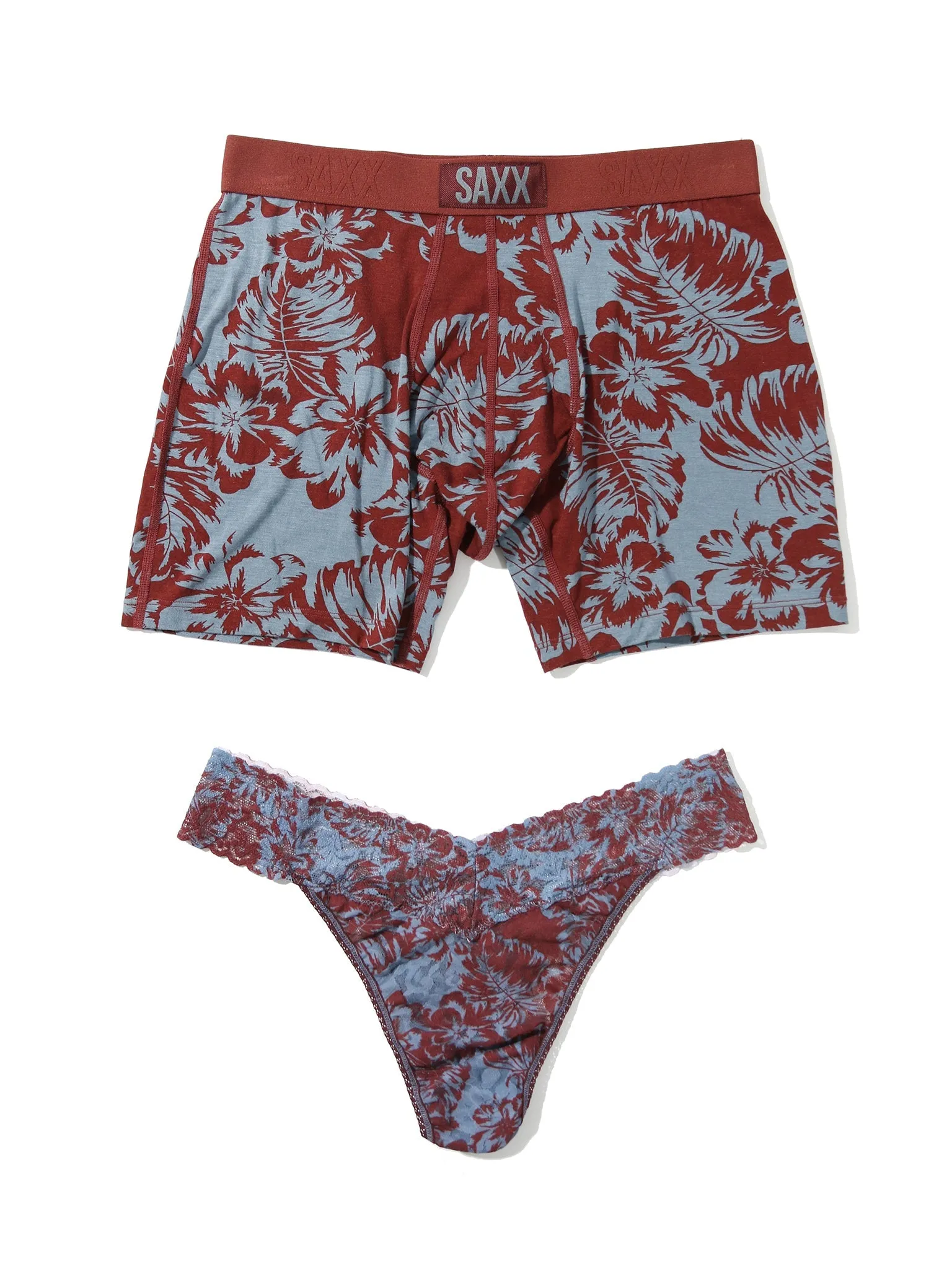 Signature Lace Original Rise Thong And Saxx Super Soft Vibe Boxer Brief Shadow Tropics sold by Hanky Panky