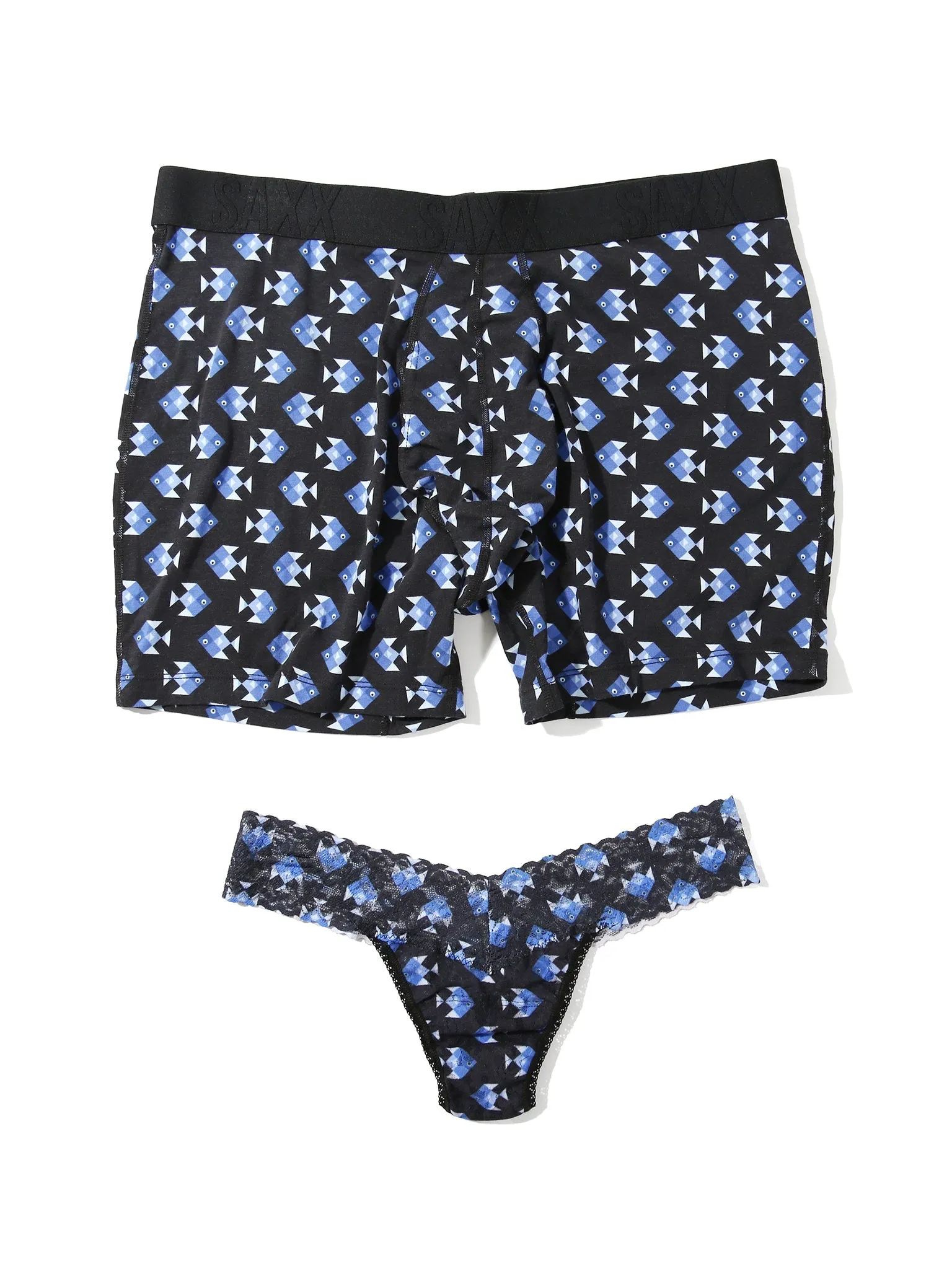 Signature Lace Low Rise Printed Thong And Saxx Drop Temp Cooling Cotton Boxer Brief Aquatic Check sold by Hanky Panky product image thumbnail 2