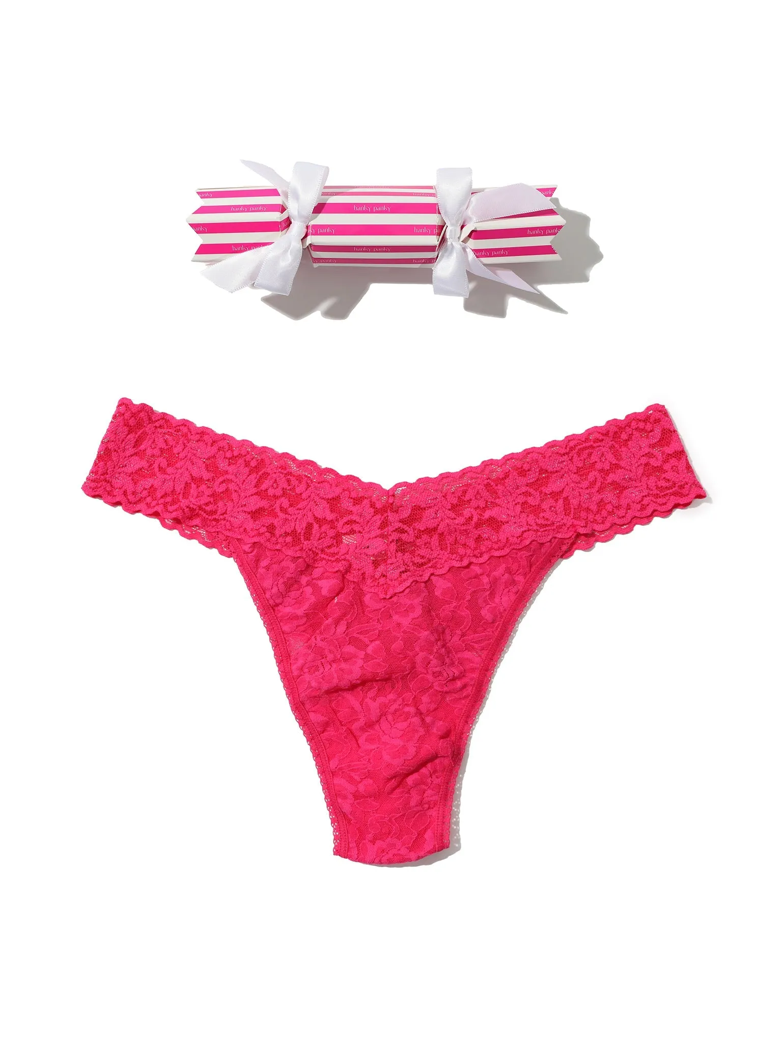 Signature Lace Original Rise Thong Holiday Cracker Morning Glory Pink sold by Hanky Panky