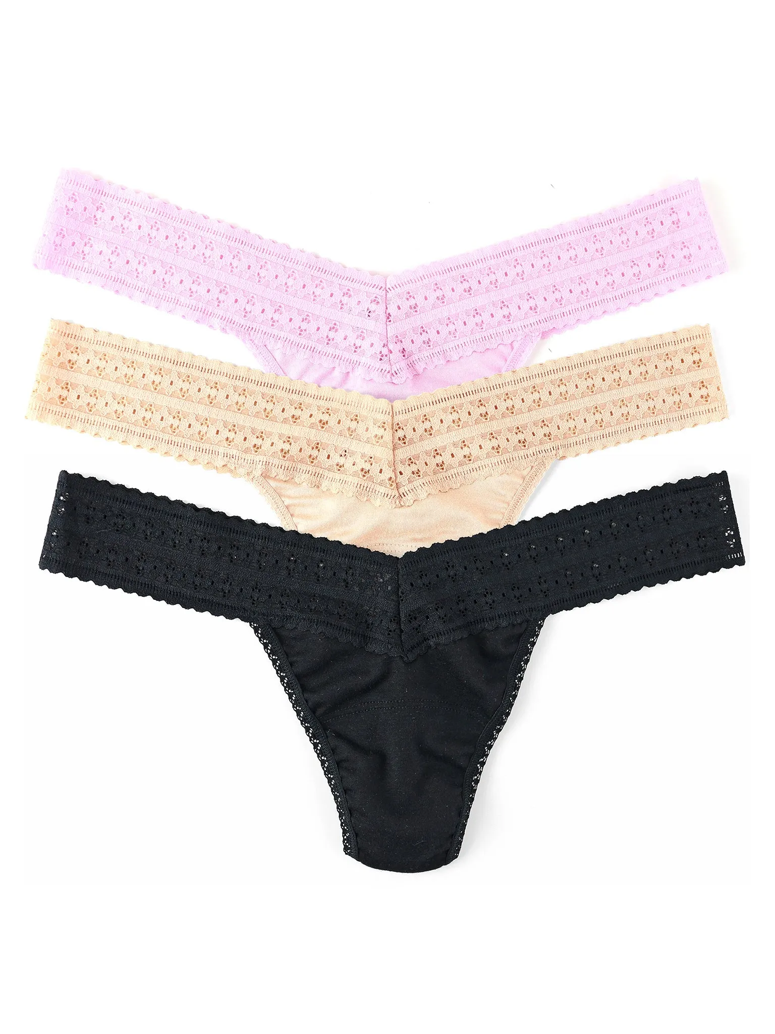 DreamEase™ Low Rise Thong 3 Pack Chai/ Black/ Candy Pink sold by Hanky Panky