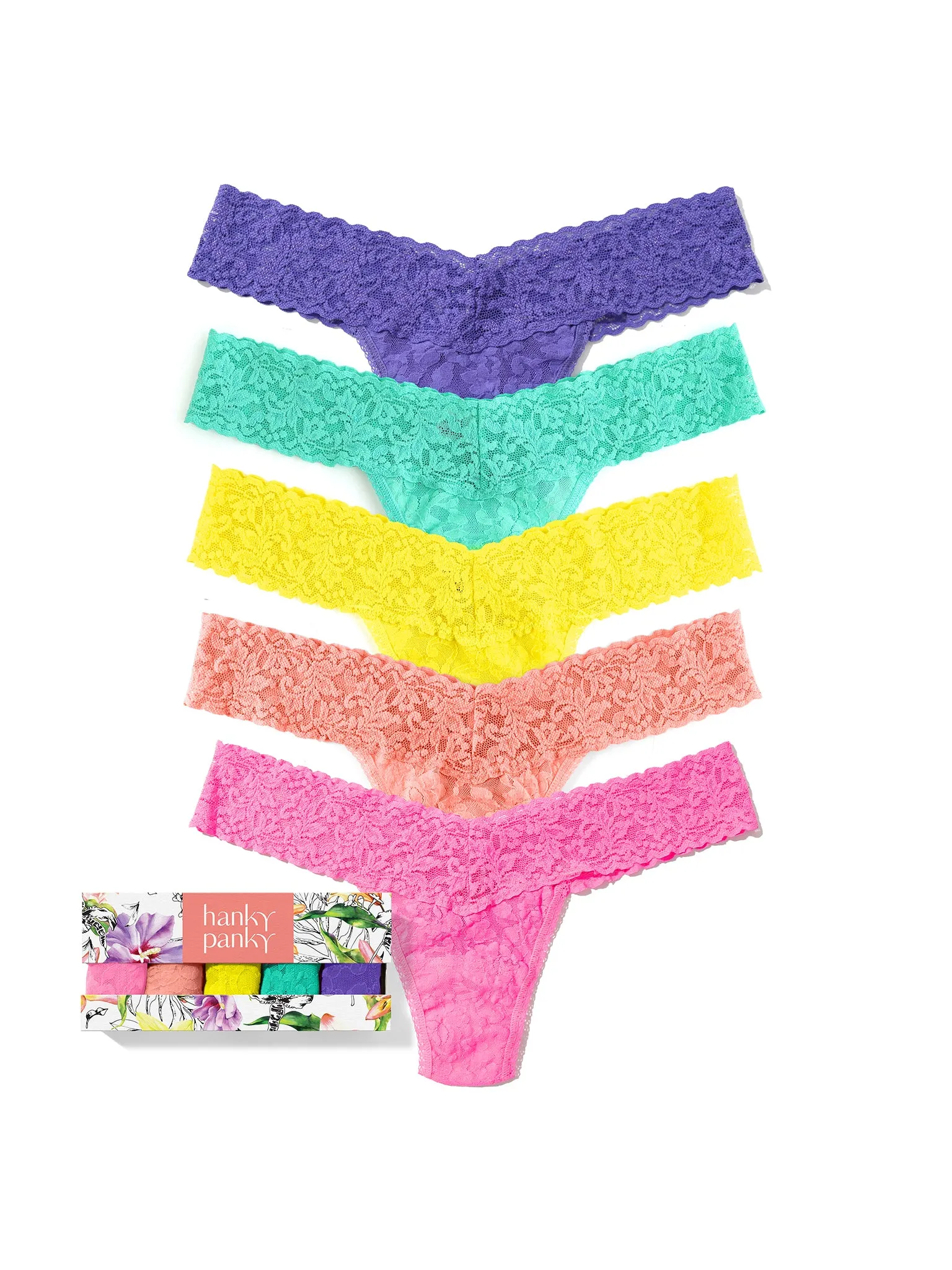 5 Pack Petite Size Signature Lace® Thongs In Printed Box Fiesta Pink sold by Hanky Panky