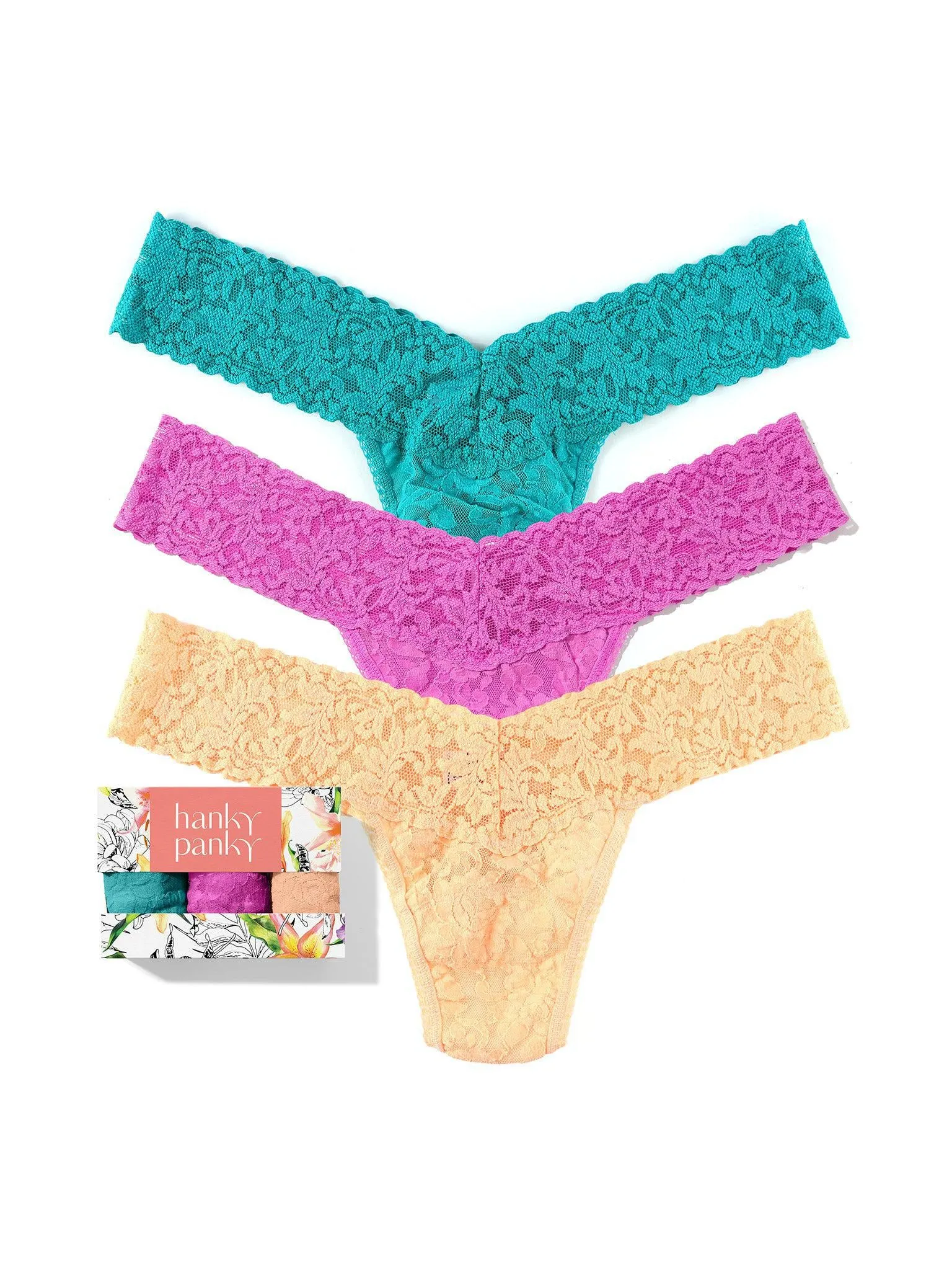 3 Pack Signature Lace® Low Rise Thongs In Printed Box Raspberry Ice Sale sold by Hanky Panky