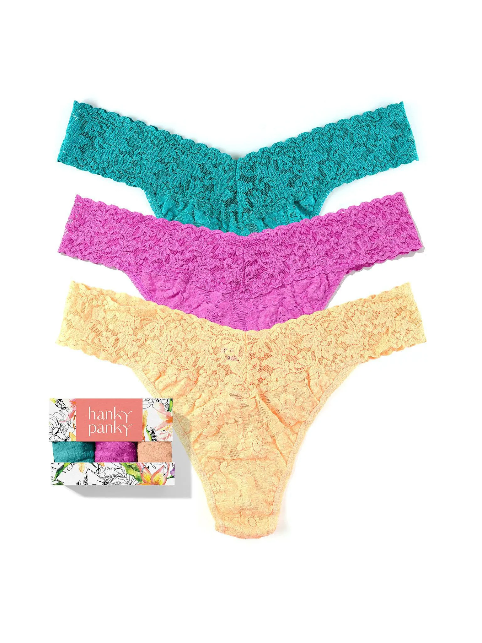 3 Pack Signature Lace® Original Rise Thongs In Printed Box Raspberry Ice sold by Hanky Panky