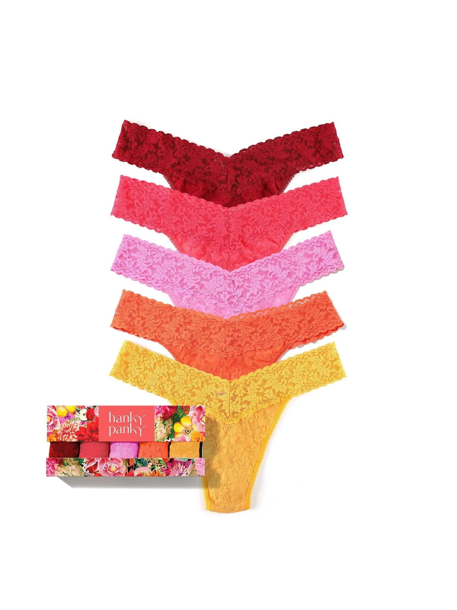5 Pack Signature Lace Original Rise Thongs In Floromania Box sold by Hanky Panky