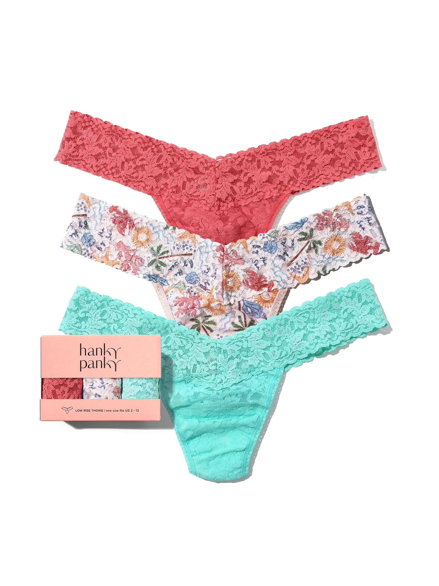 3 Pack Signature Lace® Low Rise Thongs Sea You Later Green Sale sold by Hanky Panky