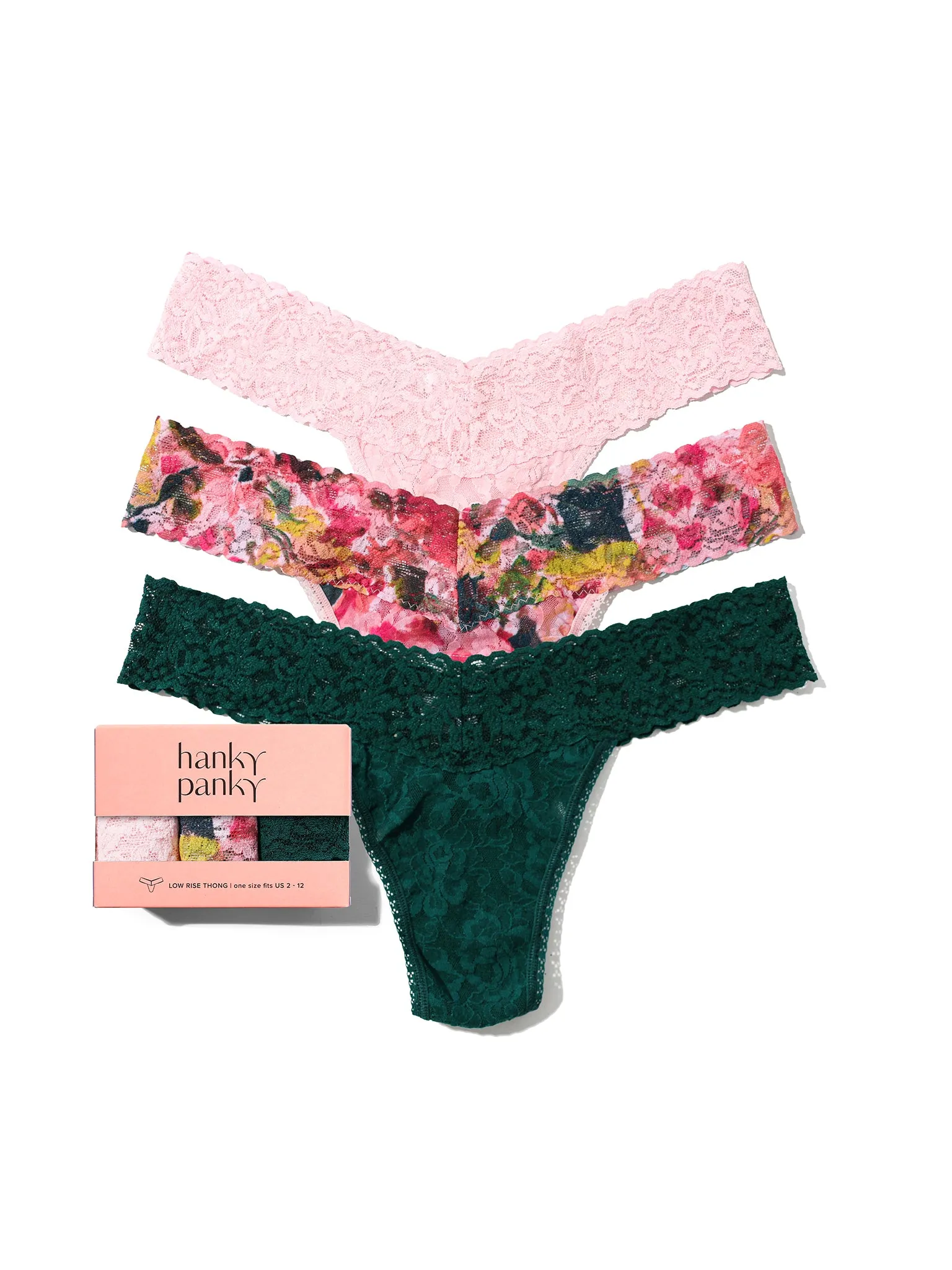 3 Pack Signature Lace® Low Rise Thongs Bliss Pink Sale sold by Hanky Panky