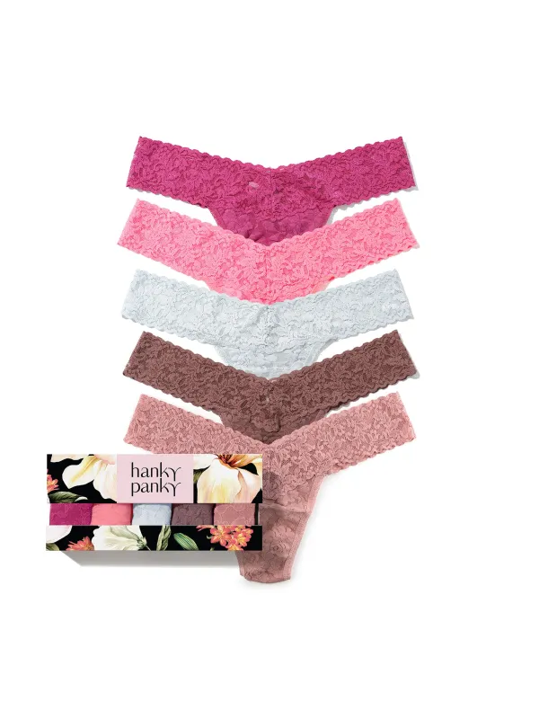 5 Pack Signature Lace® Low Rise Thongs In Printed Box sold by Hanky Panky