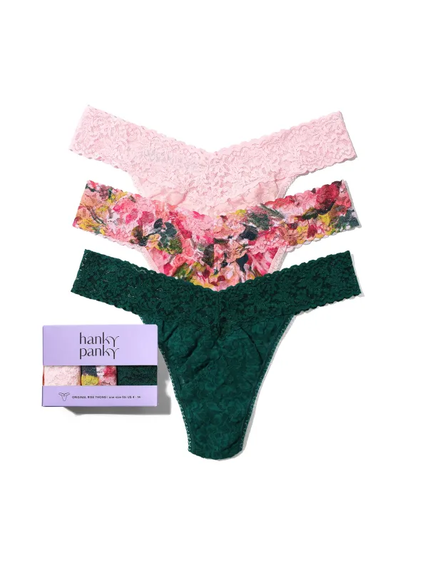 3 Pack Signature Lace® Original Rise Thongs Bliss Pink sold by Hanky Panky