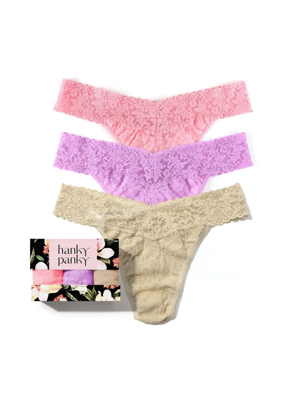 3 Pack Signature Lace® Original Rise Thongs In Printed Box Pink Lady sold by Hanky Panky