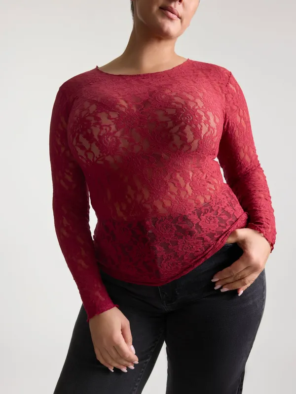 Plus Size Signature Lace® Long Sleeve Top Wild Berries Red sold by Hanky Panky