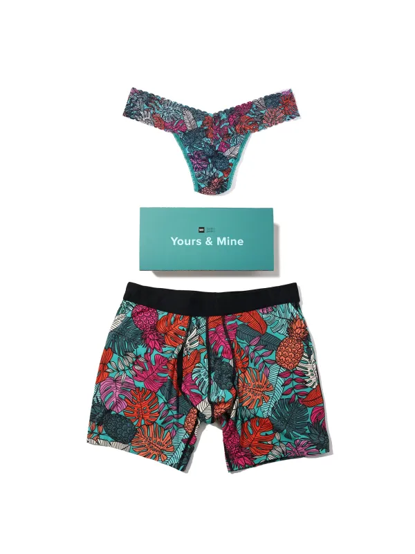 Signature Lace® Low Rise Printed Thong And Saxx Drop Temp Cooling Cotton Boxer Brief Fruity Palm - Aqua sold by Hanky Panky