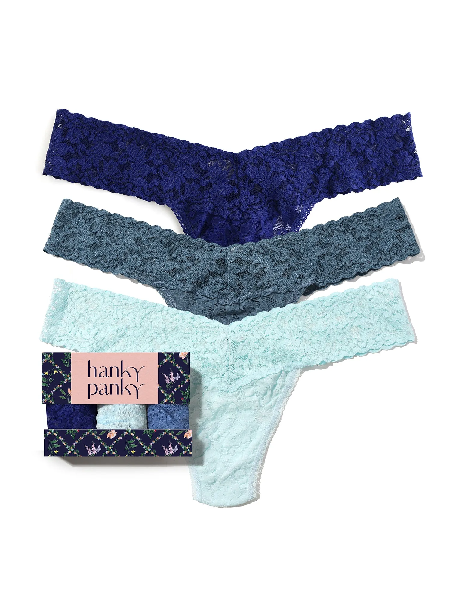 3 Pack 4911® Signature Lace® Low Rise Thongs In Printed Box Odyssey Blue Sale sold by Hanky Panky