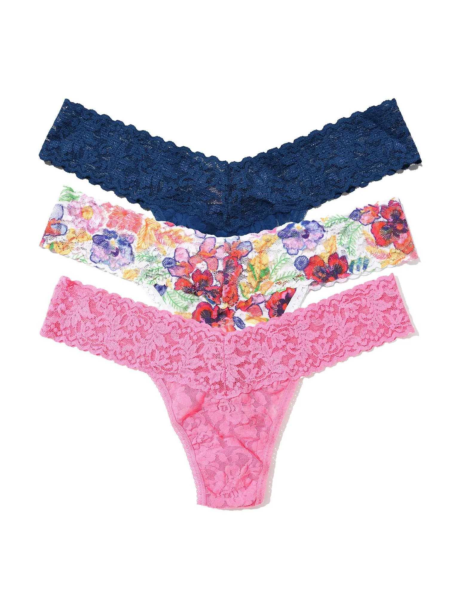 3 Pack 4911® Signature Lace® Low Rise Thongs Adorned Pink Black Friday Sale sold by Hanky Panky