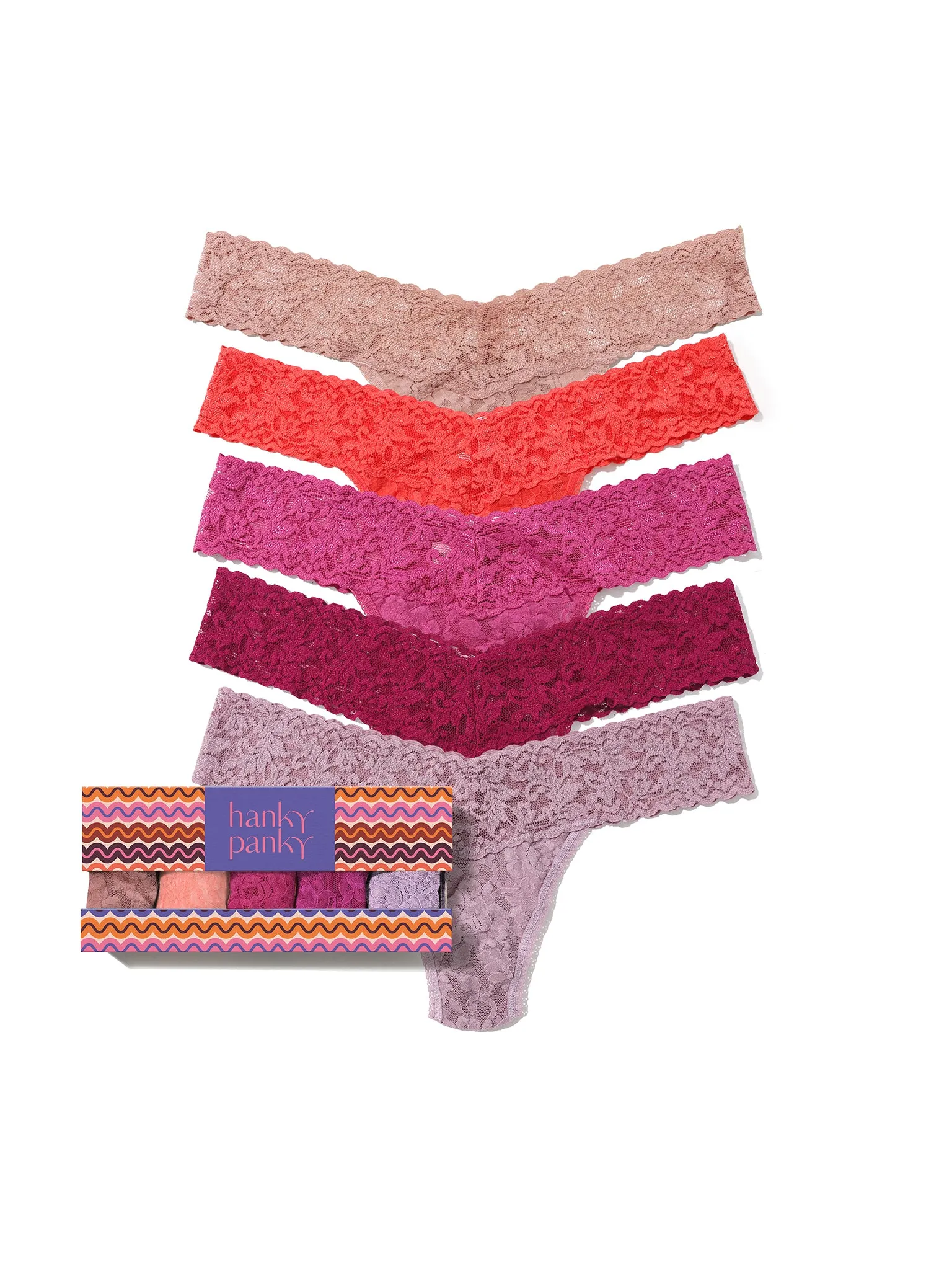 5 Pack Signature Lace® Low Rise Thongs In Printed Box Desert Rose Sale sold by Hanky Panky